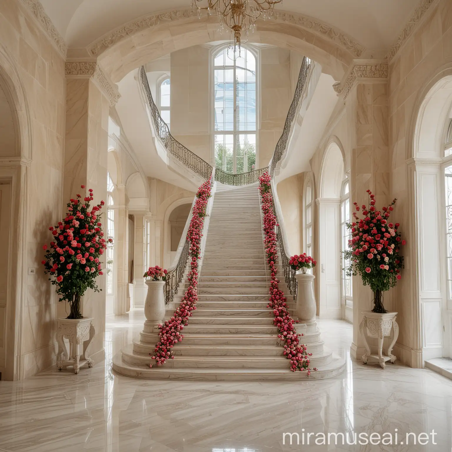 escalera grande de mármol ,muy hermosa y al fondo se ven grandes ventanales y un gran corredor .todo de mármol con algunas rosas  y una enredadera 