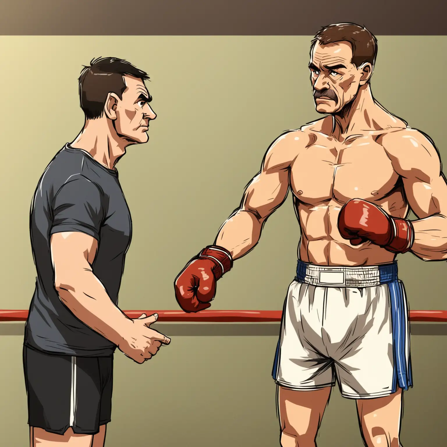 Boxing Coach Advising Fighter in Cartoon Style Break