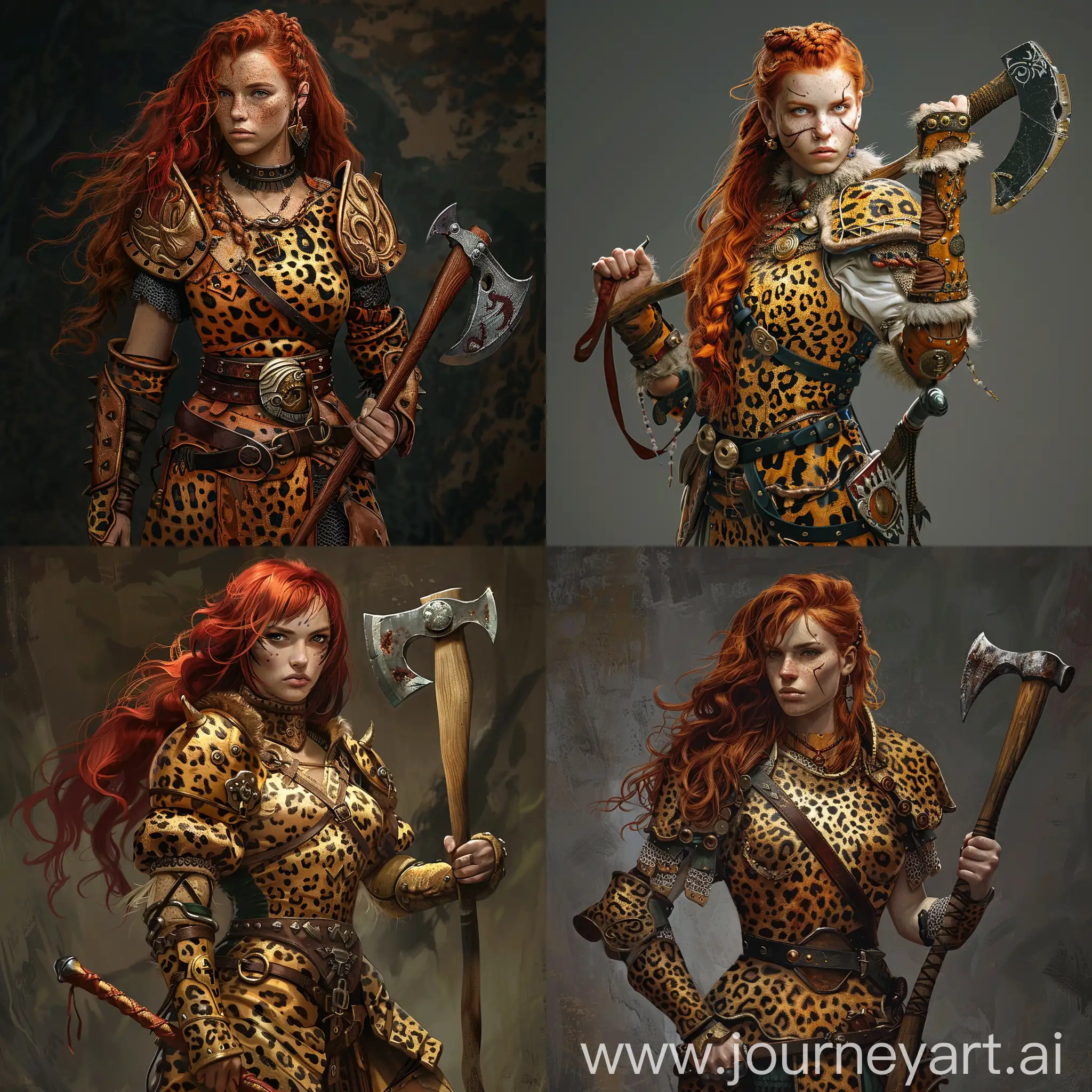 A red-haired woman warrior in sturdy leopard armor, holding a axe in her right hand, realism 
