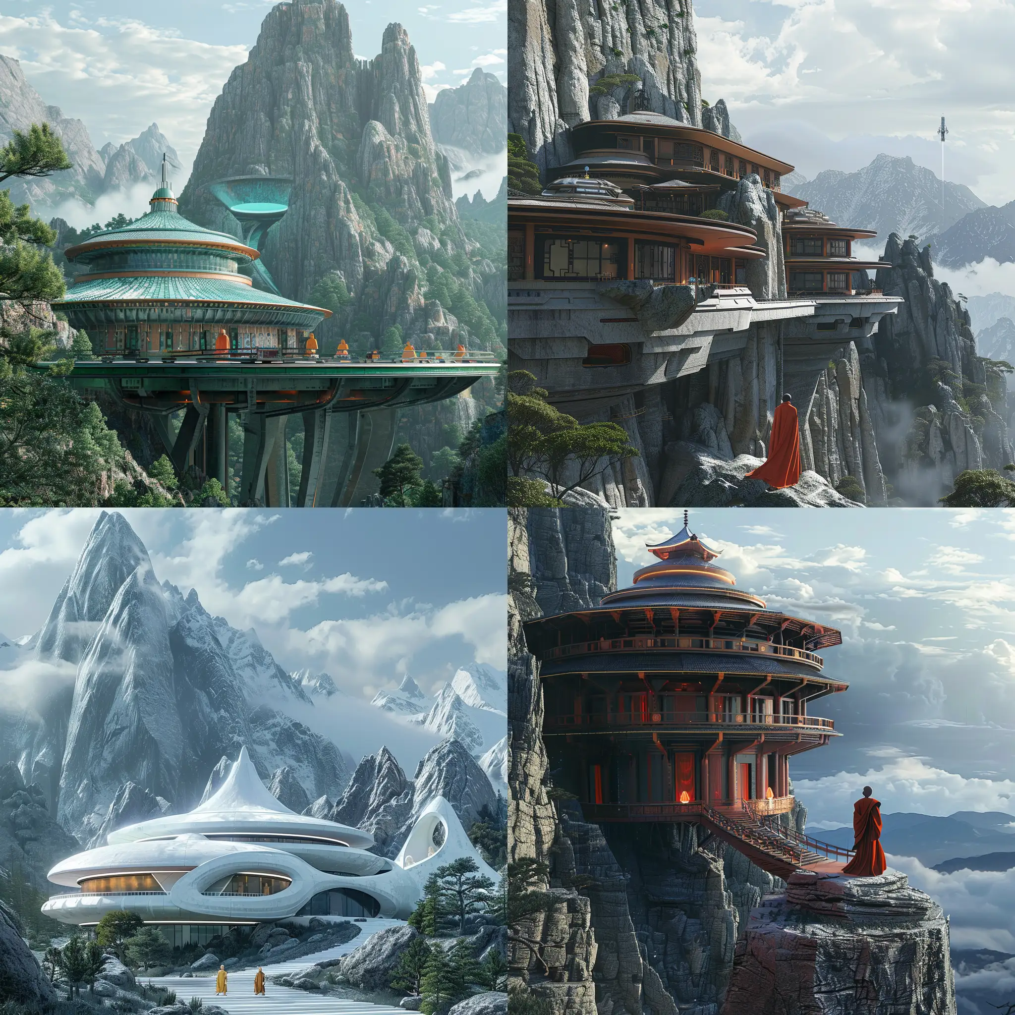 futuristic, Shalin monk temple, in the mountains