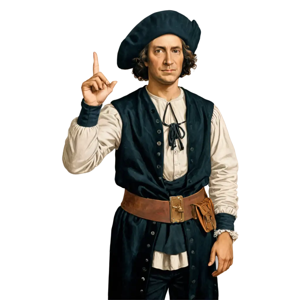 cristóbal colón señalando hacia el oeste con la mano derecha con una actitud de sorpresa. Su vestimenta ha de ser apropiada para un explorador de 1492.