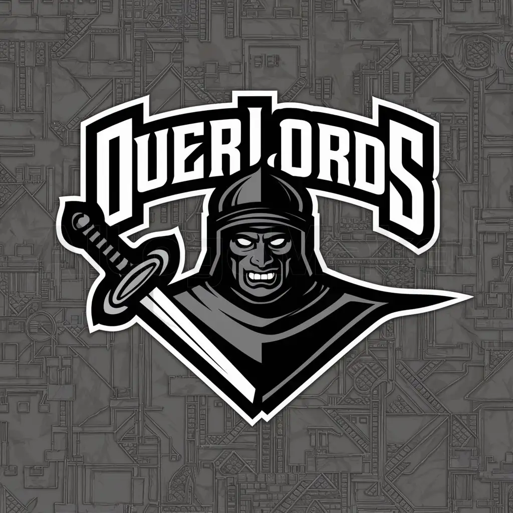 a logo design,with the text "OVERLORDS", main symbol:Medieval black knight with left hand sword,complex,clear background