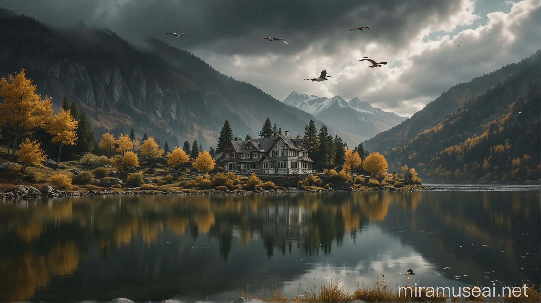 Tranquil Mountain Landscape with Reflective Waters and Quaint House