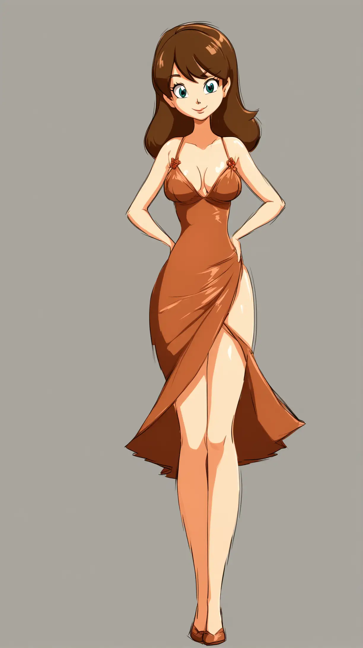 Colorful Cartoon Girl in Elegant Skimpy Dress on Simple Background