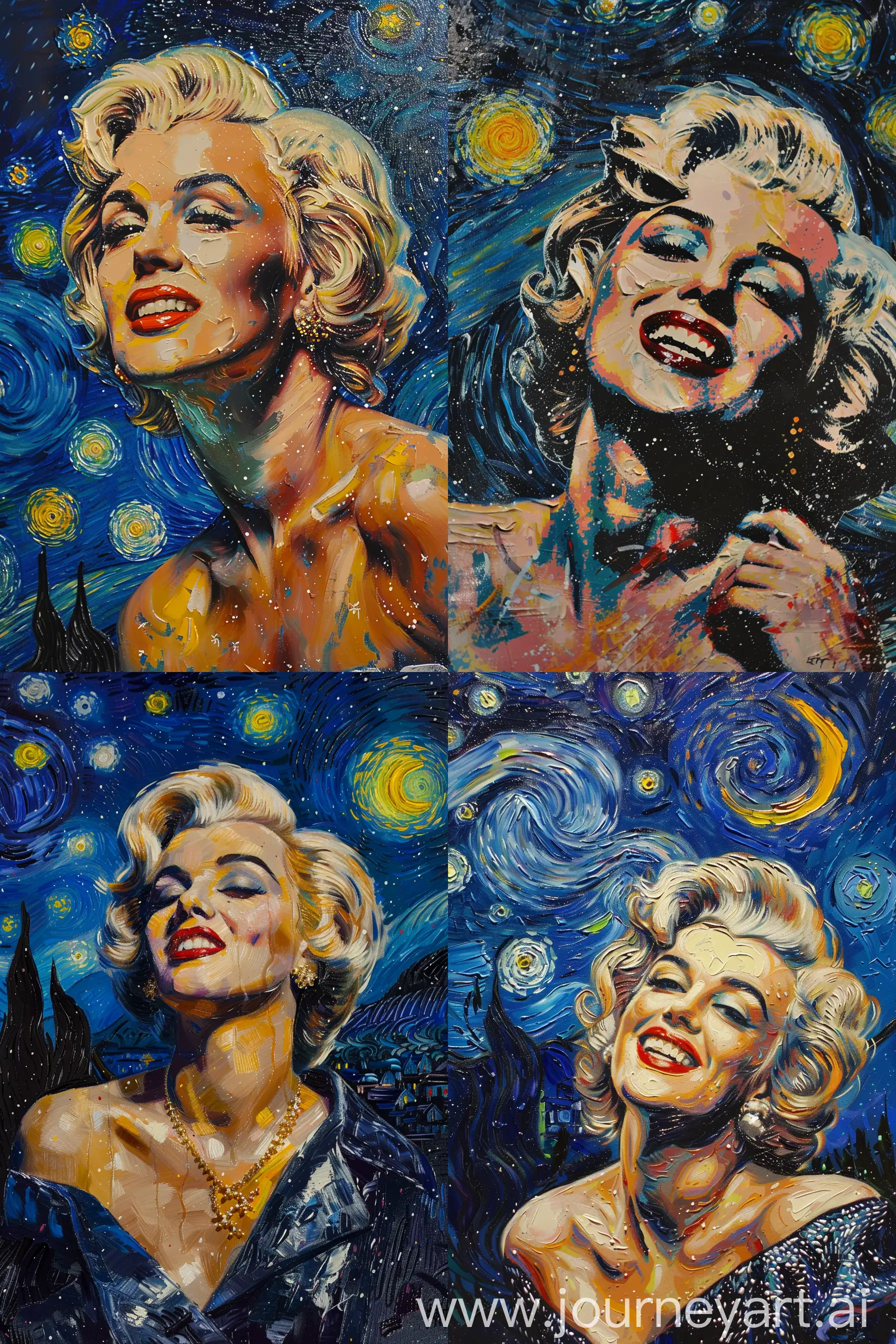 Marilyn Monroe painted in the style of van gogh with the starry night in the background --ar 2:3