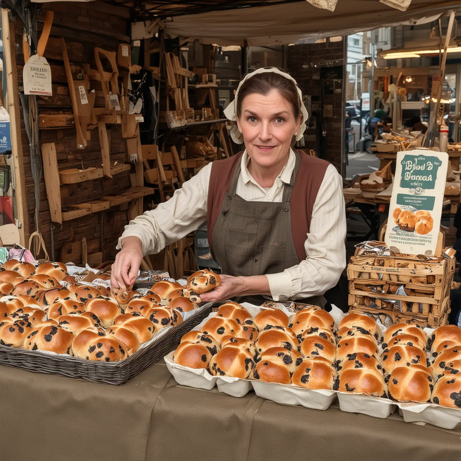 vintage market seller on a stall  selling 8 hot 8 cross buns 
