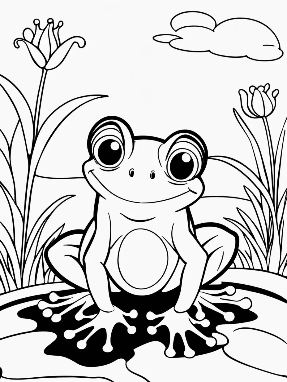 Childrens Coloring Book, black and white, cute FROG, high contrast