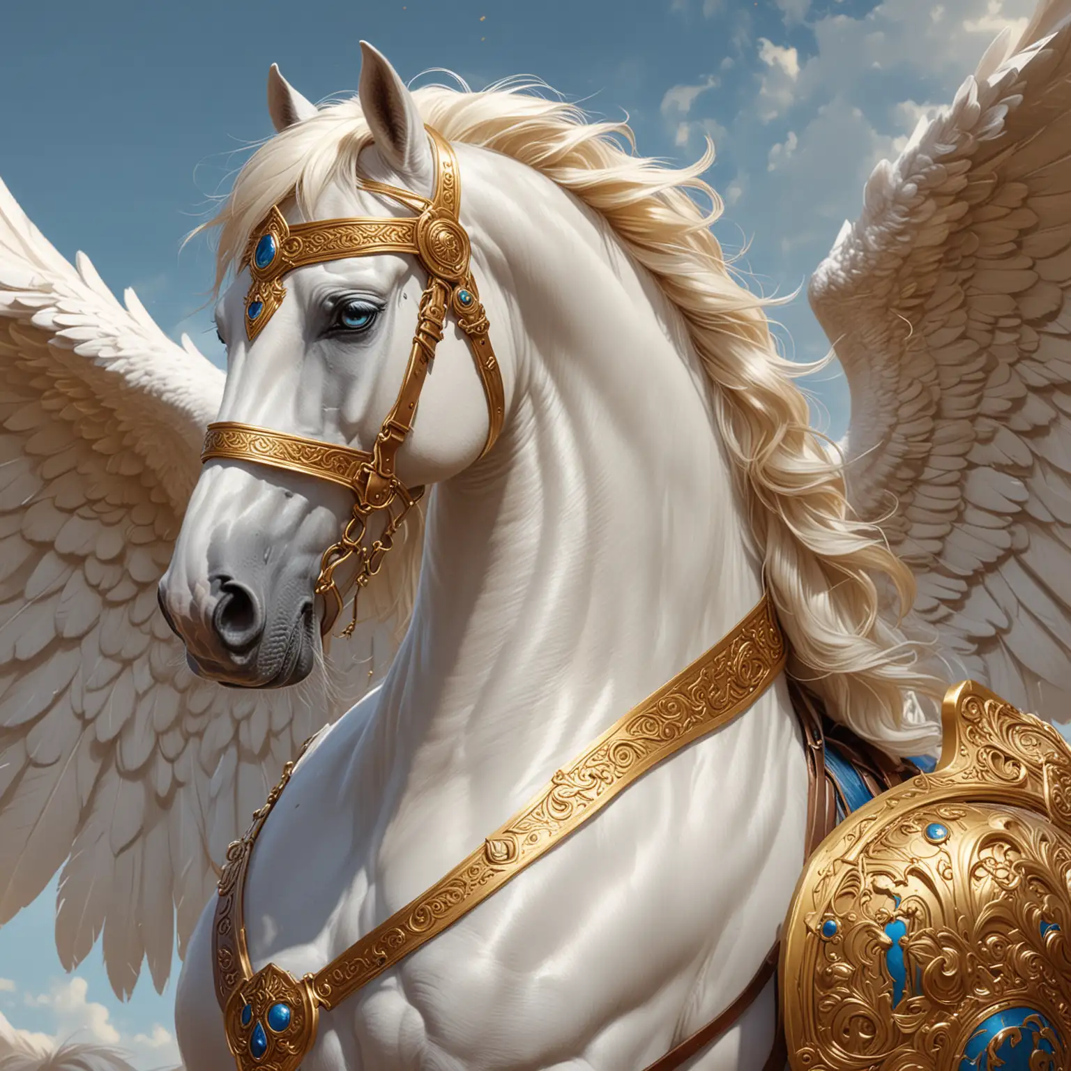 Majestic White Horse with Gold and Steel Barding Detailed Fantasy Digital Painting