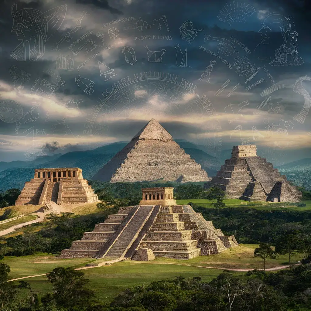 There is to be a realistic photo and everything is to be... which is a description and add some green with trees and there is to be a clear visible symbolism without the figure of mythology from different worlds and various pyramids from around the world
A realistic photo that shows a scene combining three different historical and geographical contexts: Sumerian ziggurates, Egyptian pyramids and pre-Columbian pyramids in Central America. In the background there is a landscape on which these monumental constructions dominate, emphasizing their monumentality and similarities in structure and destiny. Above the stage is a ubiquitous, intricate sky full of symbols from different mythologies that intertwine into one common narrative - symbolizing the collective unconscious of humanity according to Carl Jung. Themes such as the Great Flood theme, which is common to many cultures, are gently woven into clouds or constellations, creating the impression of a deep, elusive bond between different civilizations. This scene aims to present the idea that despite geographical and temporal distances, humanity shares a common thought code that manifests itself in similar products of culture and technology.