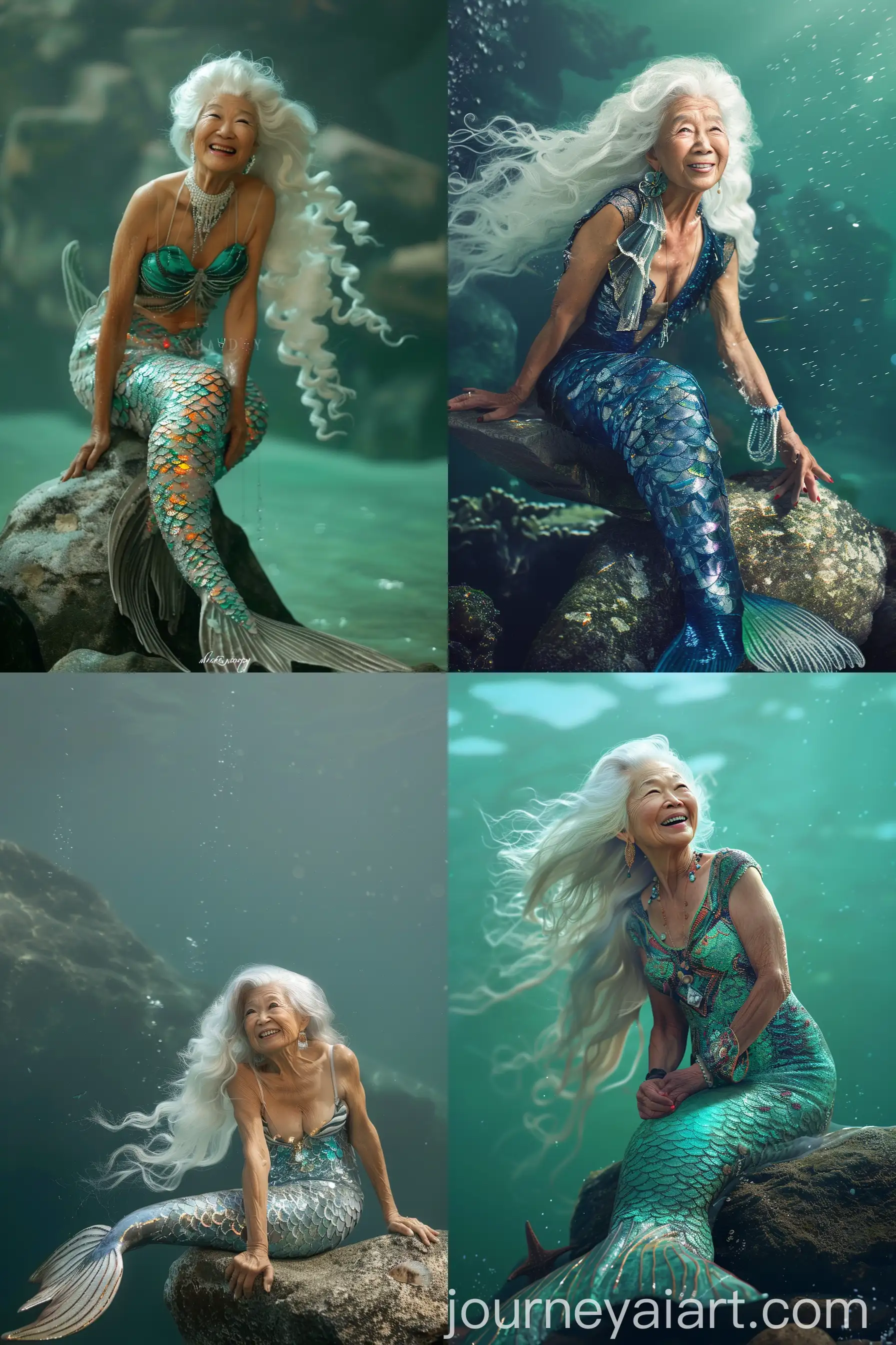 Elderly-Asian-Mermaid-Enjoying-Serenity-on-Coastal-Rocks
