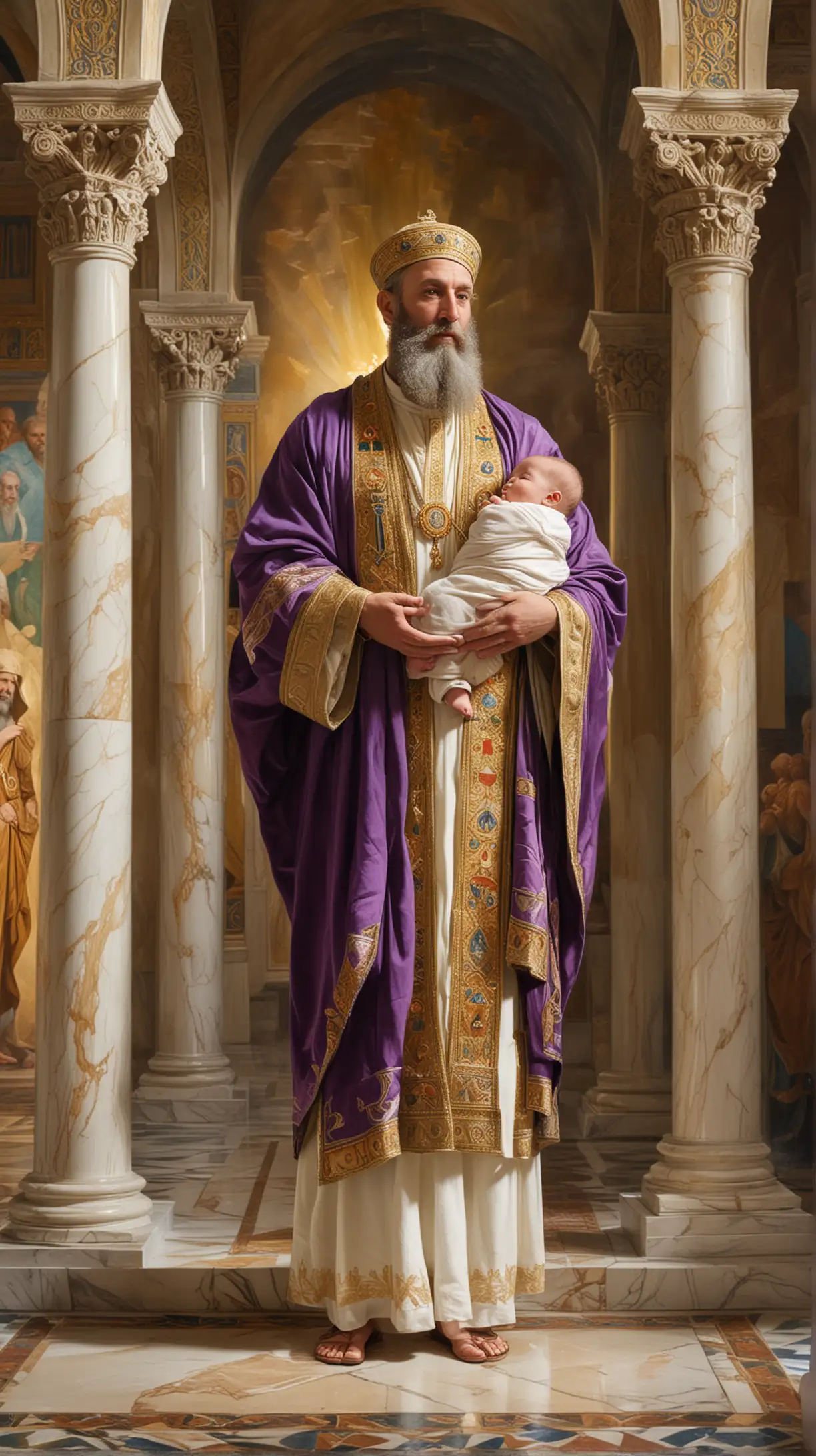 The painting depicts the Jewish high-priest Simeon dressed in full elaborate and colourful Jewish liturgical vestments carrying one naked baby in his arms in the temple. The scene is set within the temple, suggested by the arched stone doorway and the polished marble walls and columns.

Central Figure
The white long-bearded Jewish high-priest Simeon: We are seeing the Jewish High-priest Simeon dressed in full rich Jewish liturgy vestments in very bright colours purple and beige, from the left side.  He is holding the naked baby in his arms.

Additional Details: 
The Temple Setting: The temple walls and columns are in polished white marble.  There is a green curtain hanging from the columns in the background The saturated tones of the painting and the play of light and shadow create a sense of excitement.
Symbolism:  The cloth in which the Jewish High-priest Simeon is holding the naked baby Jesus is gold. The light is coming in from the right of the image.
Overall Impression:
The painting captures the emotional intensity and spiritual significance of the subject The expression of the figure, the symbolism, and the setting all contribute to a powerful depiction of this pivotal event.