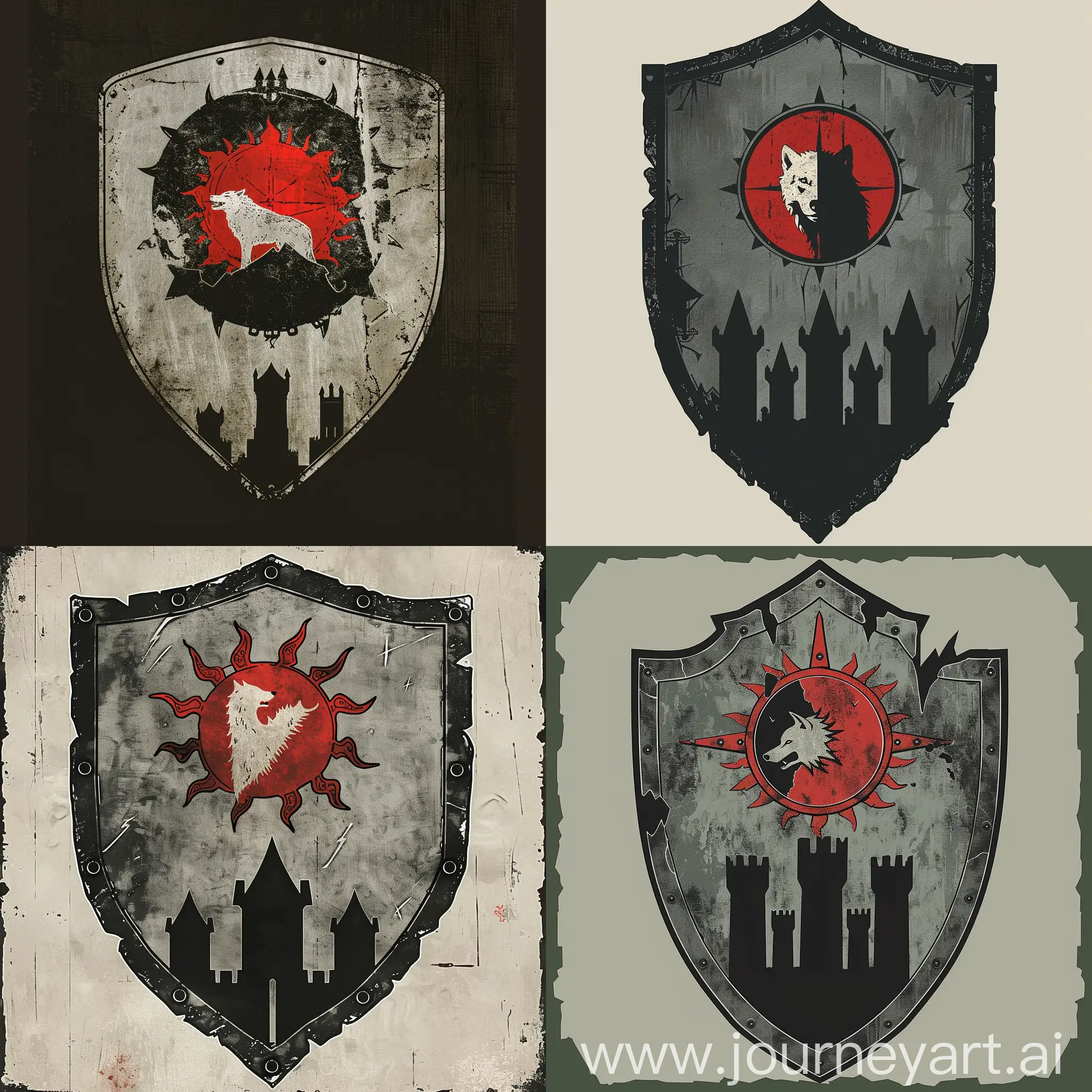 герб: На сером щите с черной окантовкой расположено красное солнце, внутри красного солнца белый волк, а внизу под солнцем три черных башни.