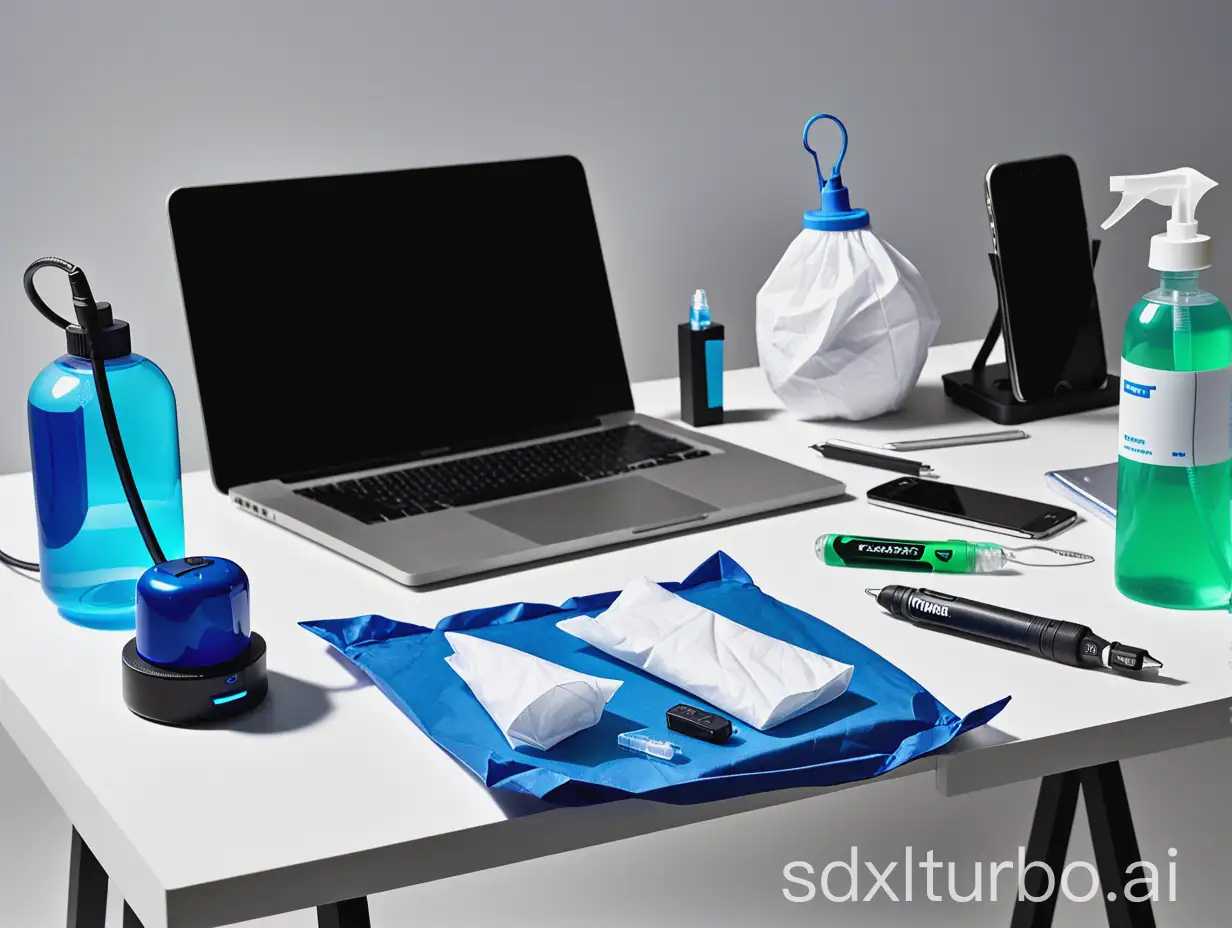 A cluttered workspace or desk area. Prominent objects include a blue lamp with a green base, a bottle of 'Joke ' hand sanitizer, a white USB cable, a black rectangular object that might be a phone or a remote, a grey pouch or case, a white tissue or paper towel, and a blue pen. The items are scattered on a white surface, with some objects like the tissue and pen leaning against a white object that appears to be a refrigerator.