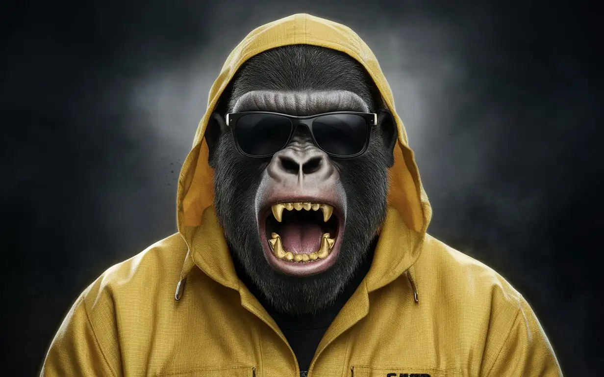 Close up to the face of a Gorilla dressed in a yellow jumpsuit like the one from the series Breaking Bad. He wears dark sunglasses with black frames. The hood covers his head. His mouth is open and he is showing gold teeth.