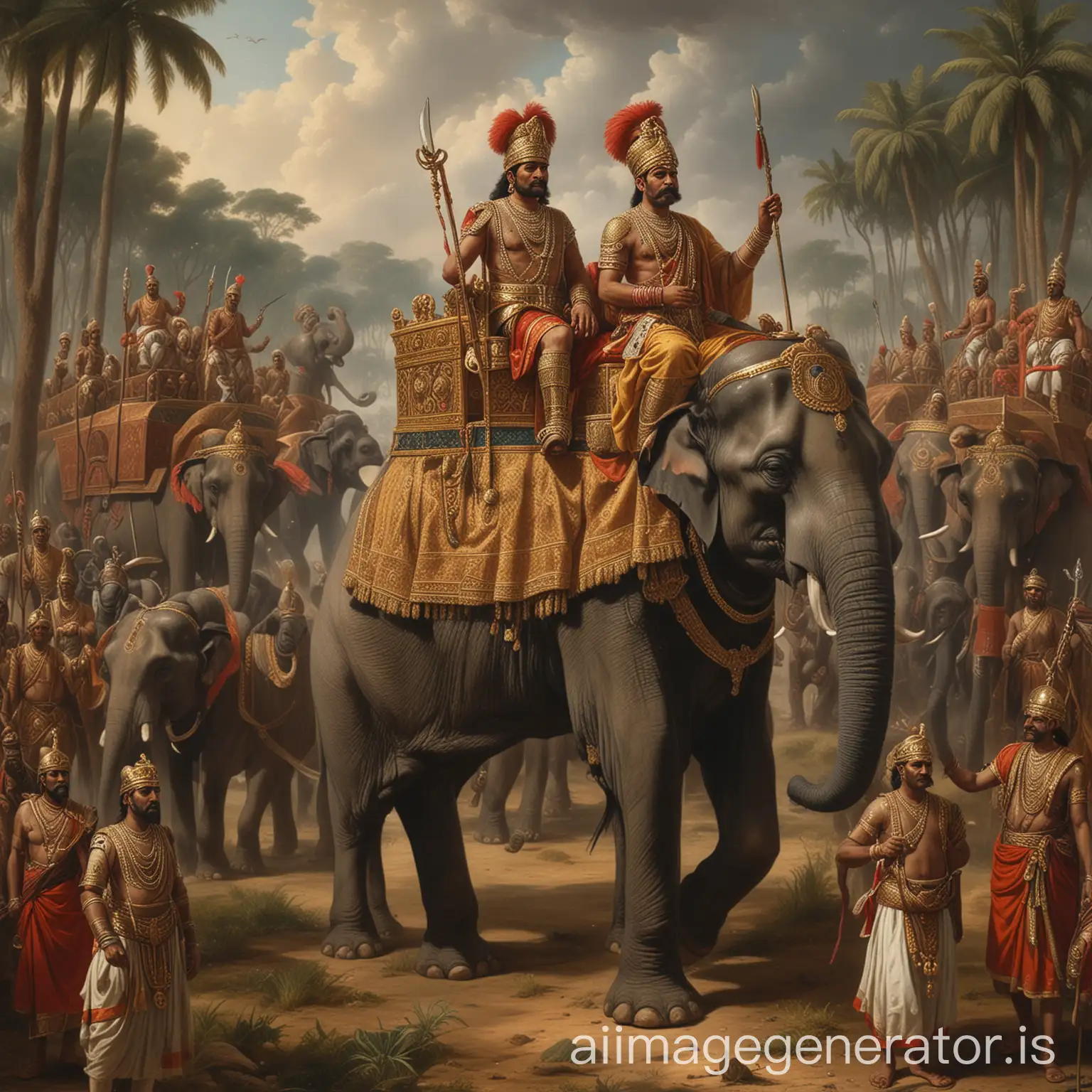 An Indian king and his army with elephants, horses, chariots