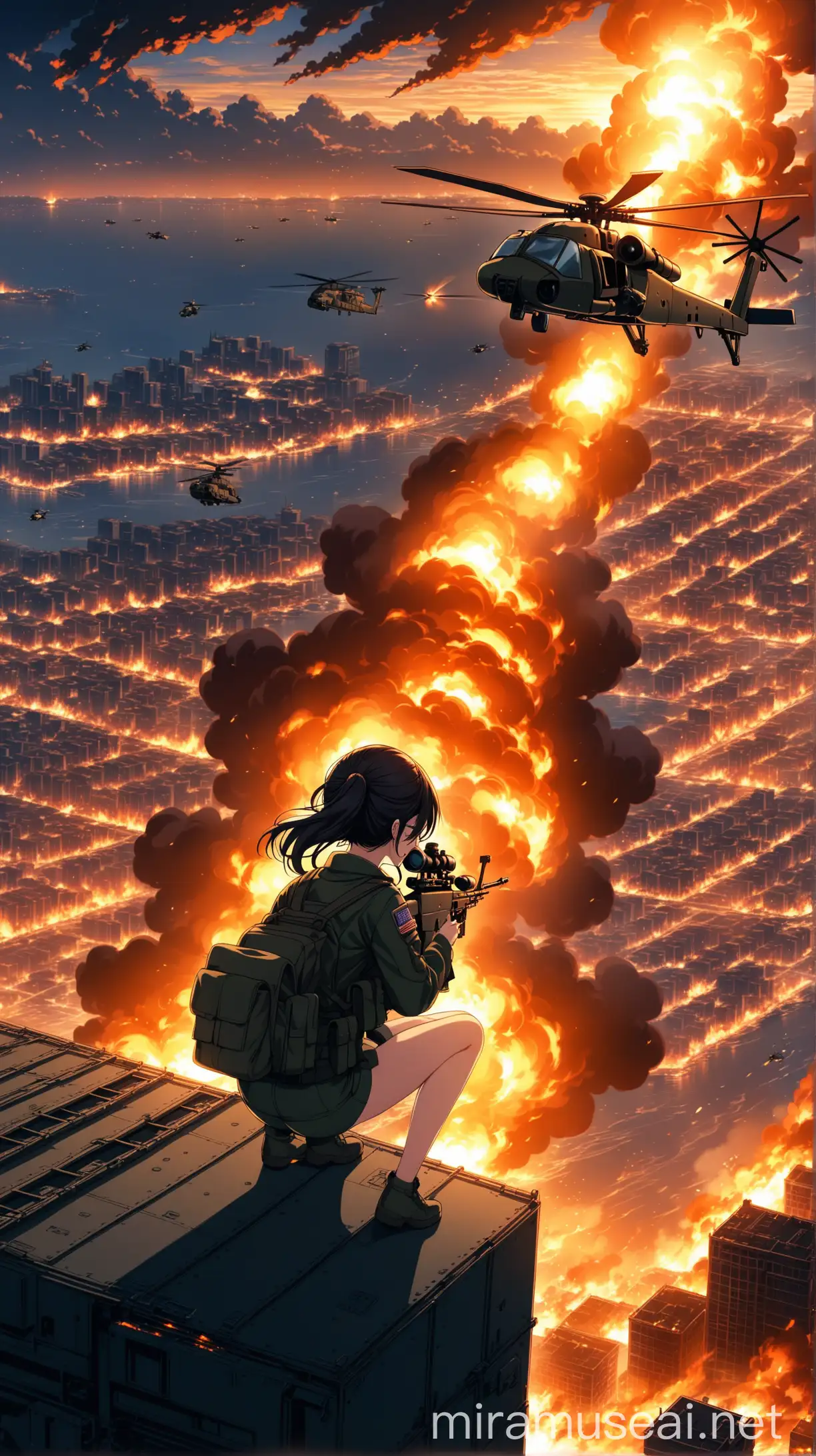 An anime girl with a sniper, flying on a military chopper, and watching a burning city