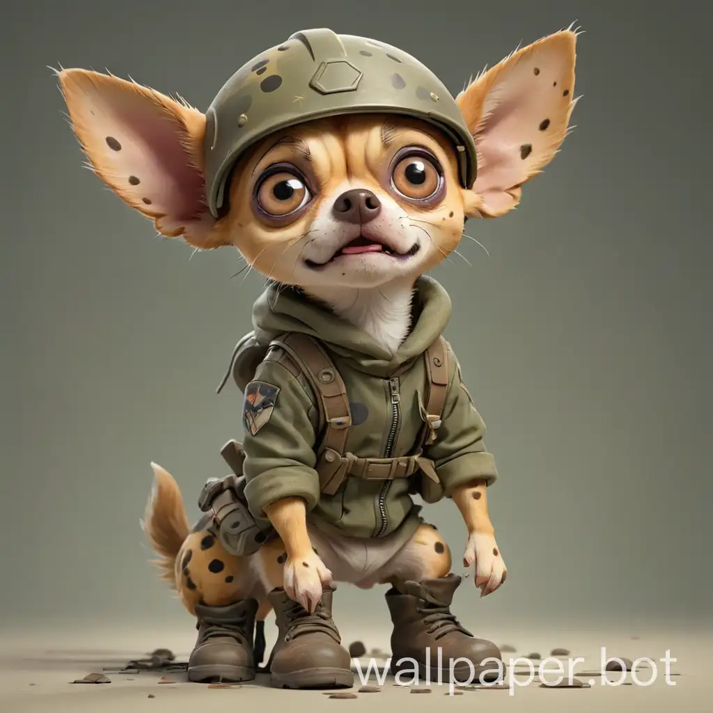 A scared spotted chihuahua in cartoon style, full body, army grimy clothes with boots and helmet, with clear background