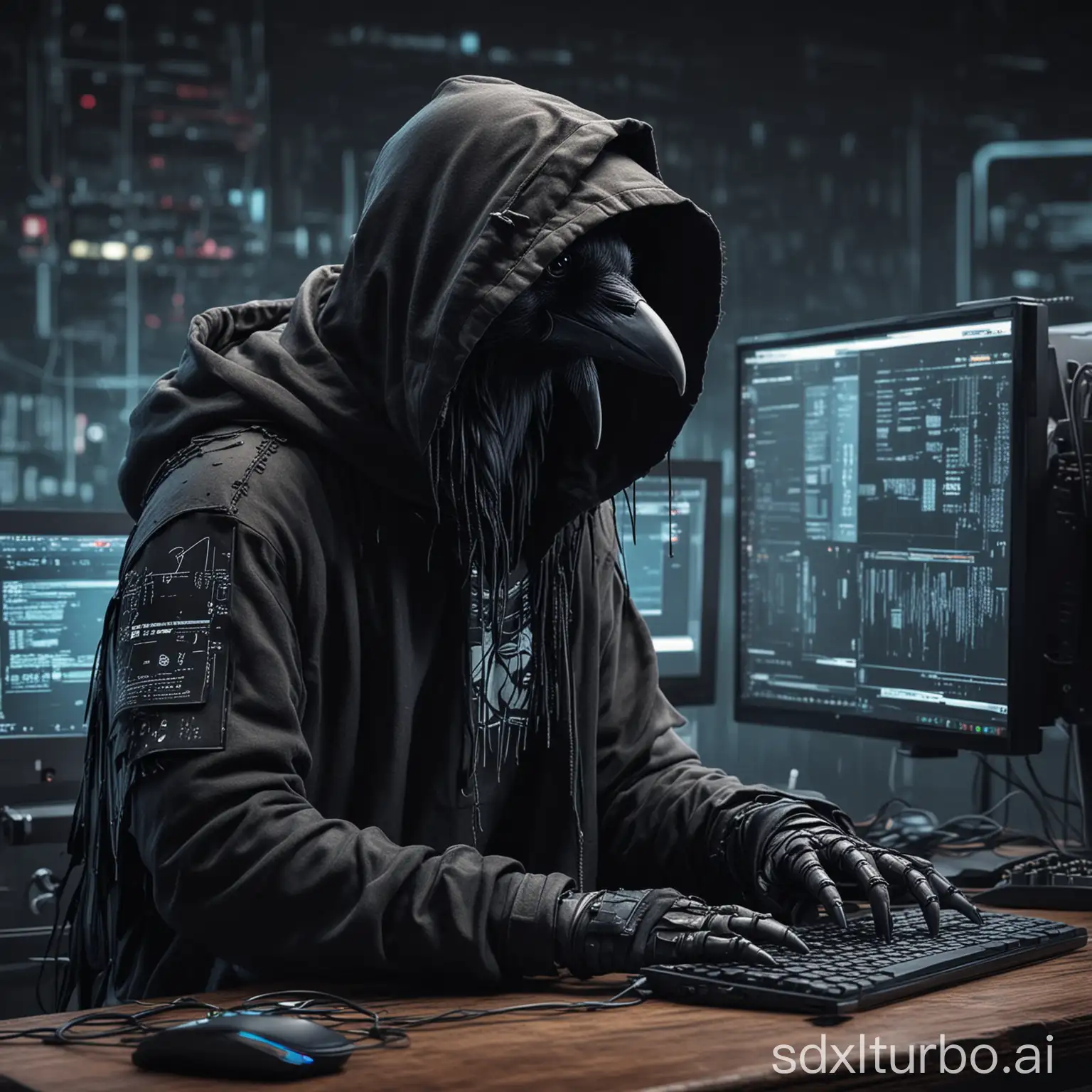 anthropomorphous cyberpunk crow with laptop wearing a hoodie making hacker things on the background many monitors, keyboards al computers as a real hacker