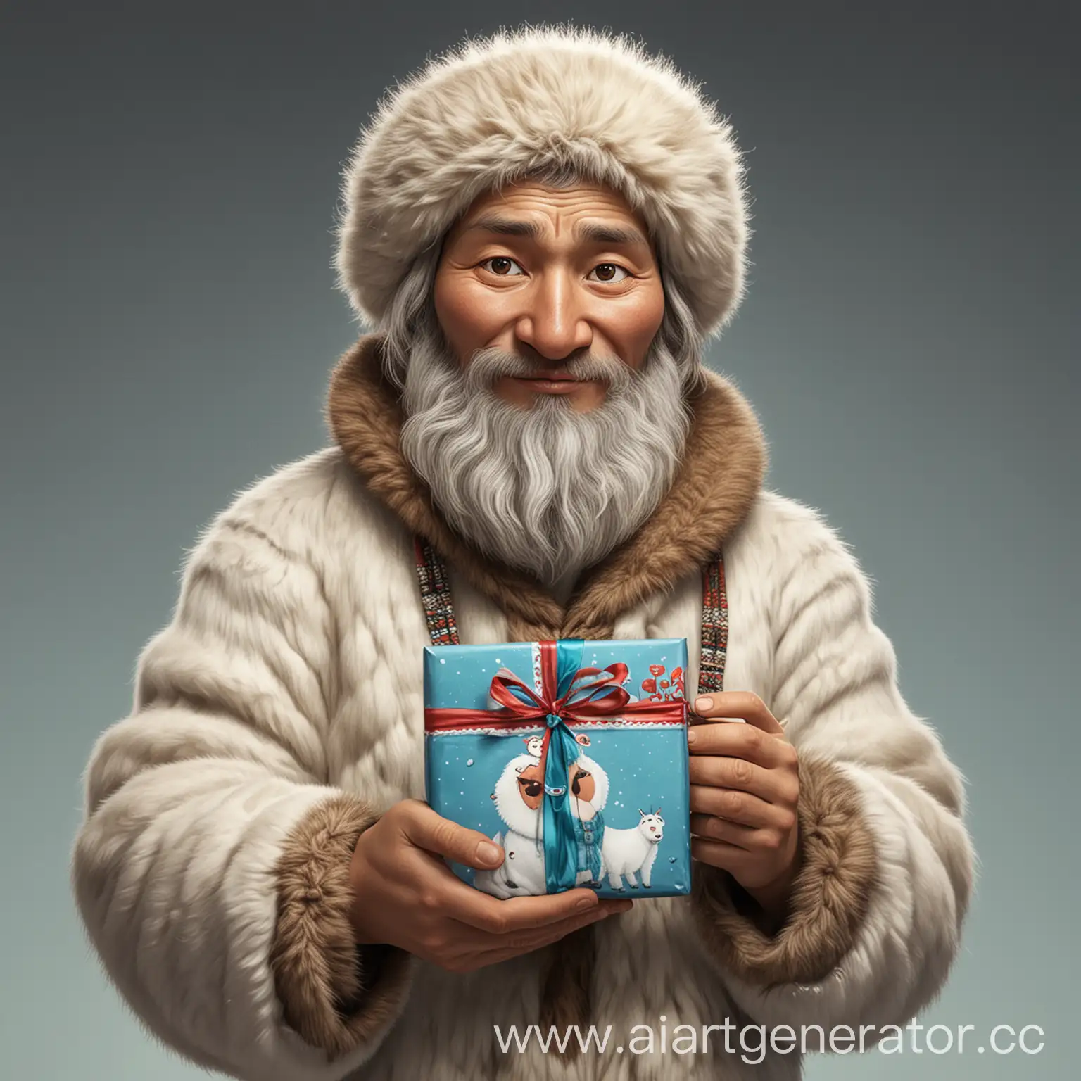 Cheerful-Cartoon-Chukchi-Holding-a-Gift