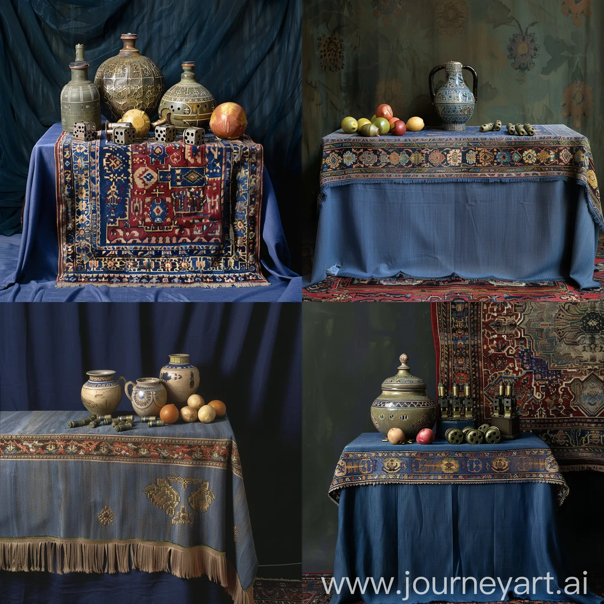 Still-Life-with-Grenades-on-Blue-Tablecloth-and-Eastern-Rug