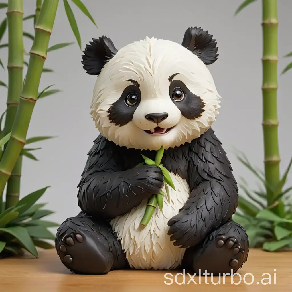 An exquisite 3D-printed giant panda figurine, presented in an adorable sitting pose, tightly hugging a verdant bamboo shoot with both hands, with an innocent and playful smile on its face. The surface of the figurine is delicately treated, with realistic hair texture and a striking contrast between black and white, rich in detail. The background is a pure white, which highlights the three-dimensional form and exquisite craftsmanship of the figurine.