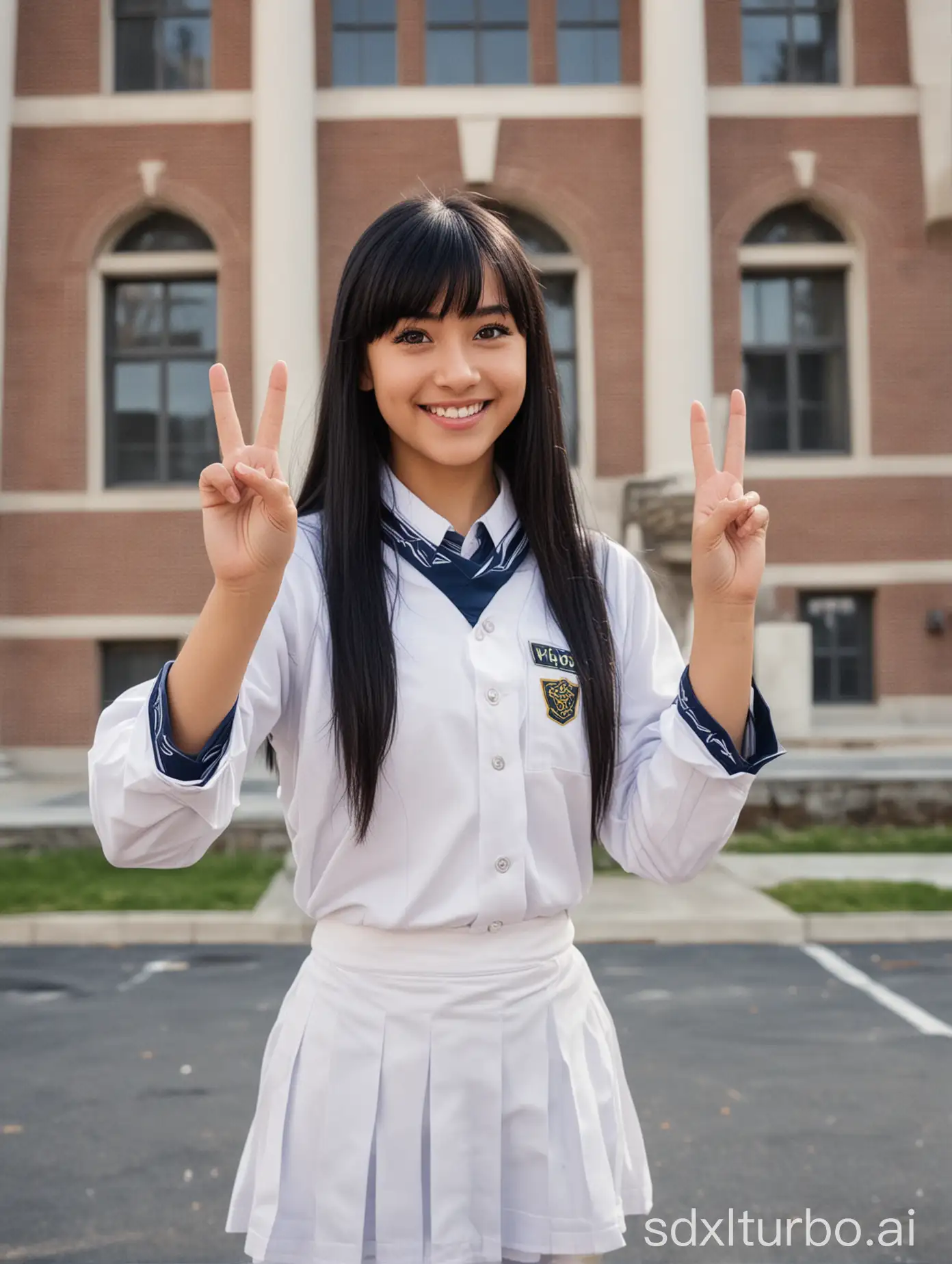 Smiling-Female-Student-in-Victory-Pose-at-School-Library-Building