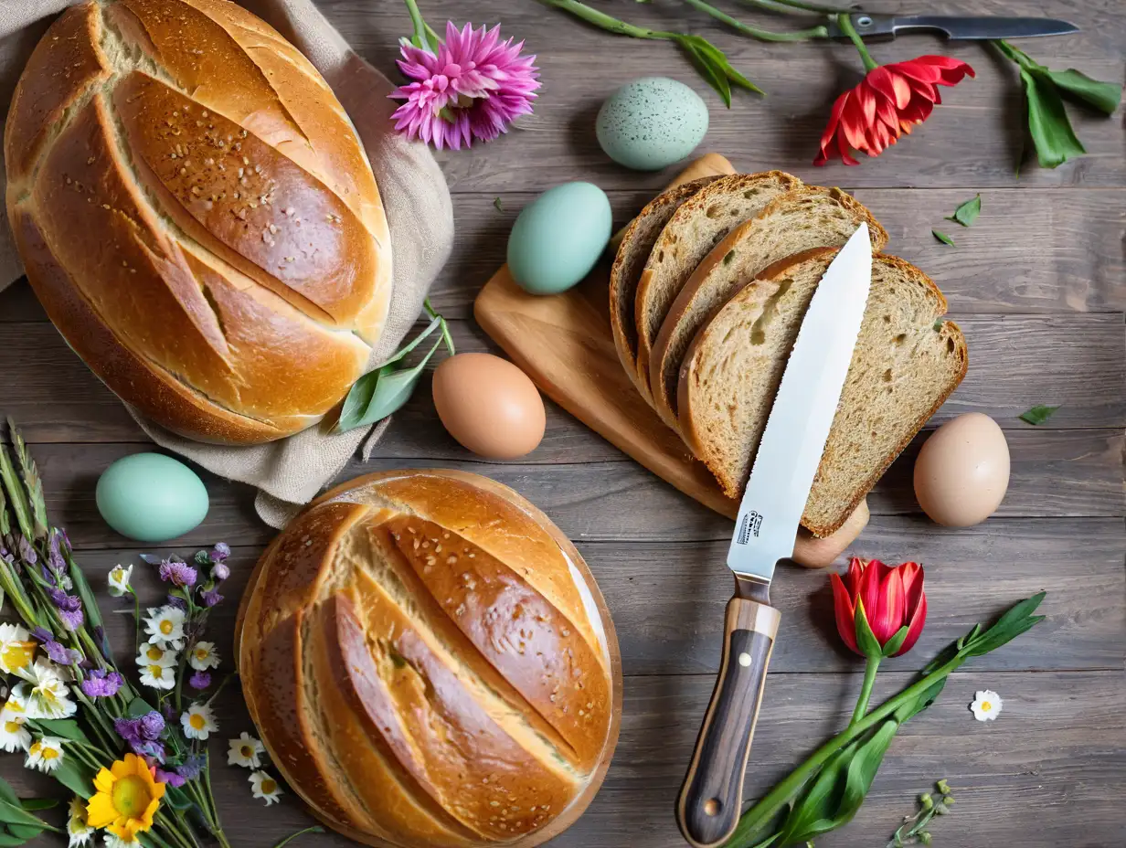 Bread, 5 color eggs, color flowers, bread knife, rustic design