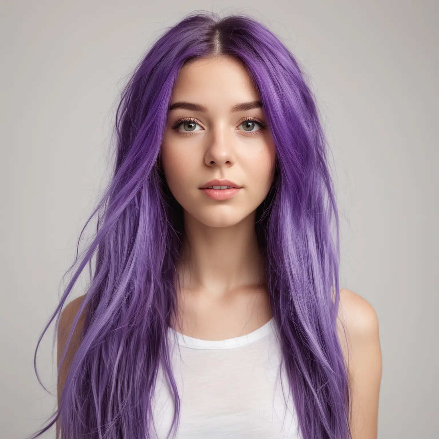 Portrait of a Girl with Bright Purple Long Hair on White Background