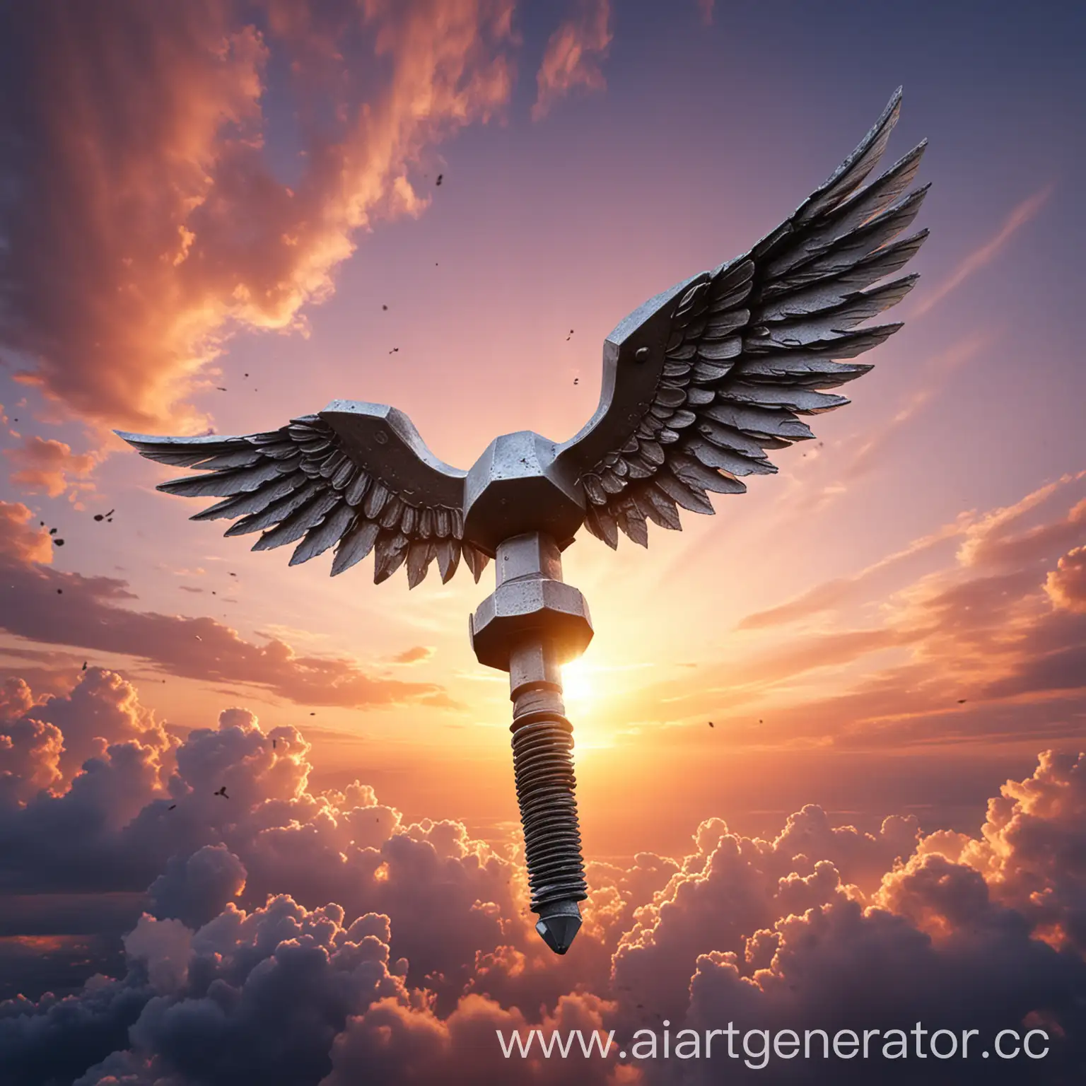 Железный болт с гайками и крыльями летящий на фоне закатного неба
