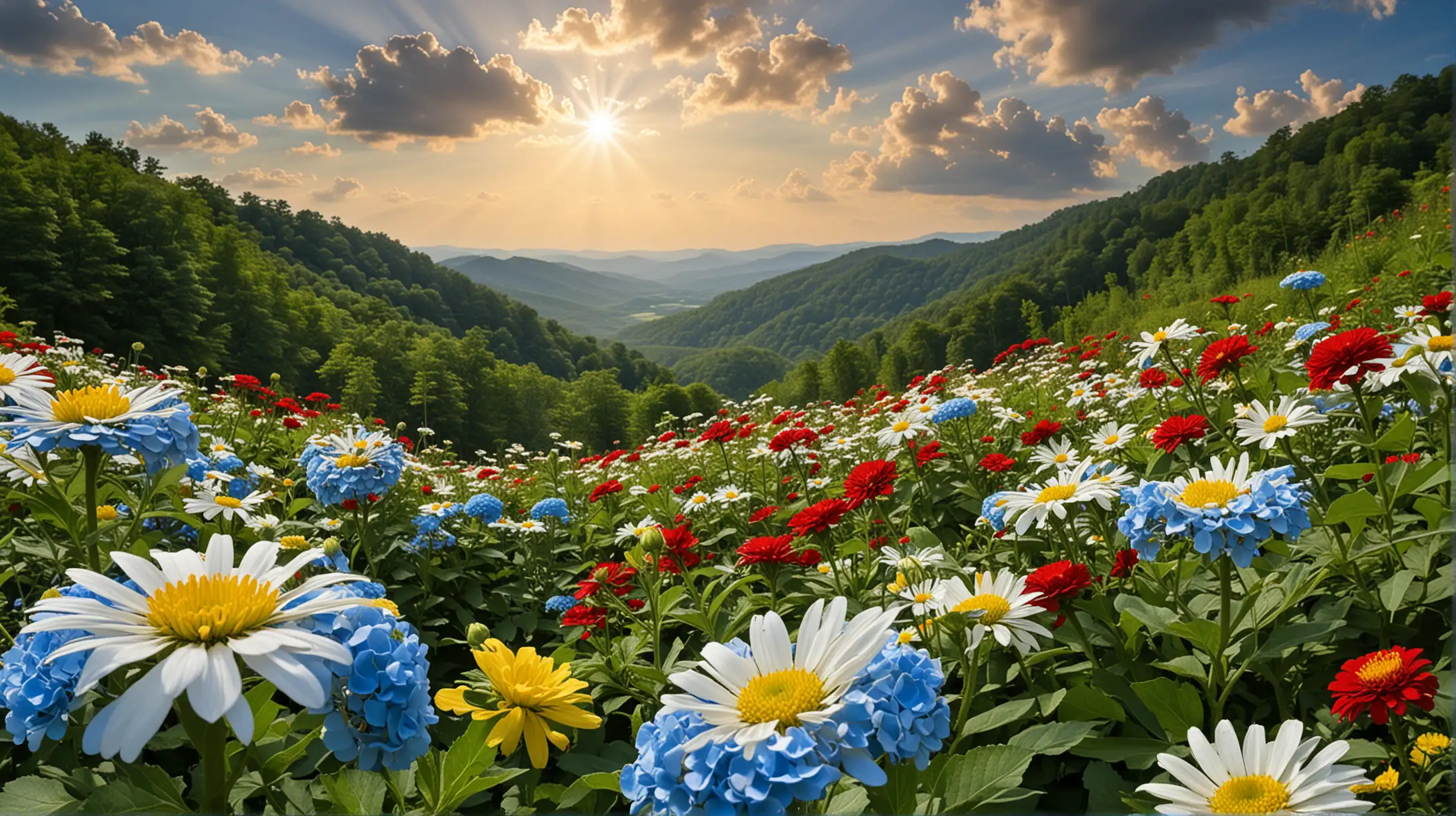 Appalachian Mountain Landscape with Wildflowers and Butterflies