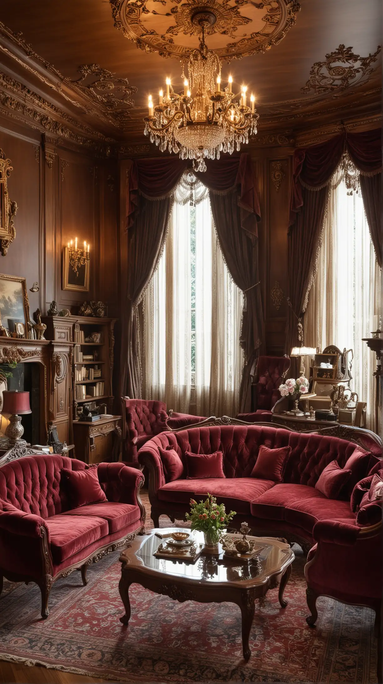 Opulent Victorian Living Room with Plush Velvet Sofas and Ornate Wooden Furniture