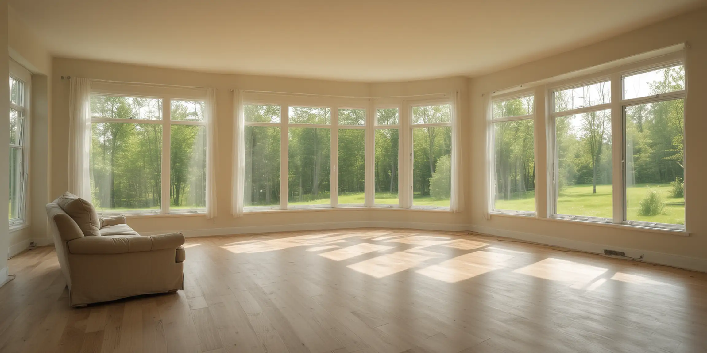  Large empty cozy living room with windows, sommer in the background