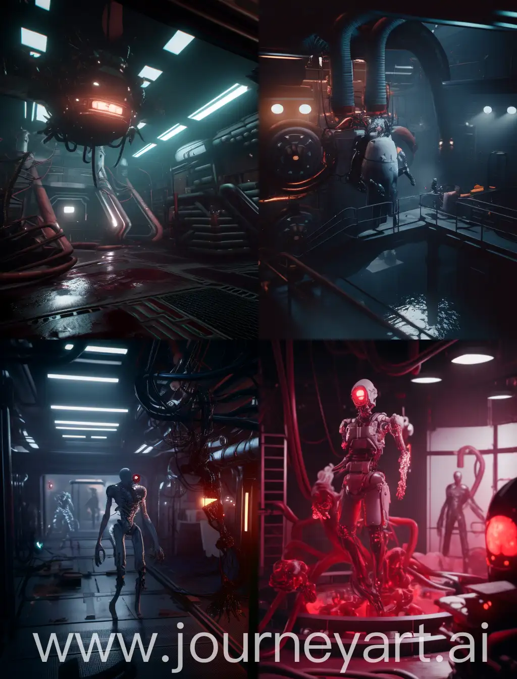 An avant garde horror scene set in a futuristic test factory. The floating simulation features a ghostly, blood-drenched figure with an anatomically raw appearance, embodying the Ghostcore and Bloodcore themes. The factory is filled with cryptid-like creatures, and the hyperrealistic, 8k visuals create a cinematic experience. The atmosphere is tense, with a mix of analog horror and sharp focus, evoking a sense of dread and unease., cinematic