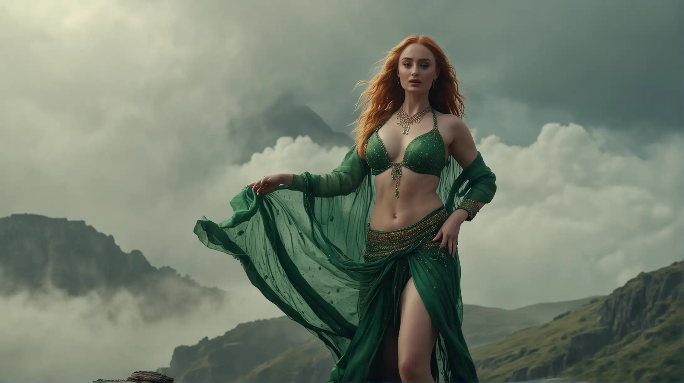 Sophie Turner as Seductive Belly Dancer Performing Exotic Dance, green clothers, very big boobs, on top of a mountain, clouds, fog