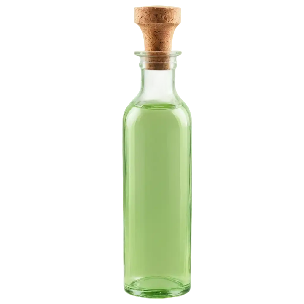 bottle with cork stopper, filled with liquid
