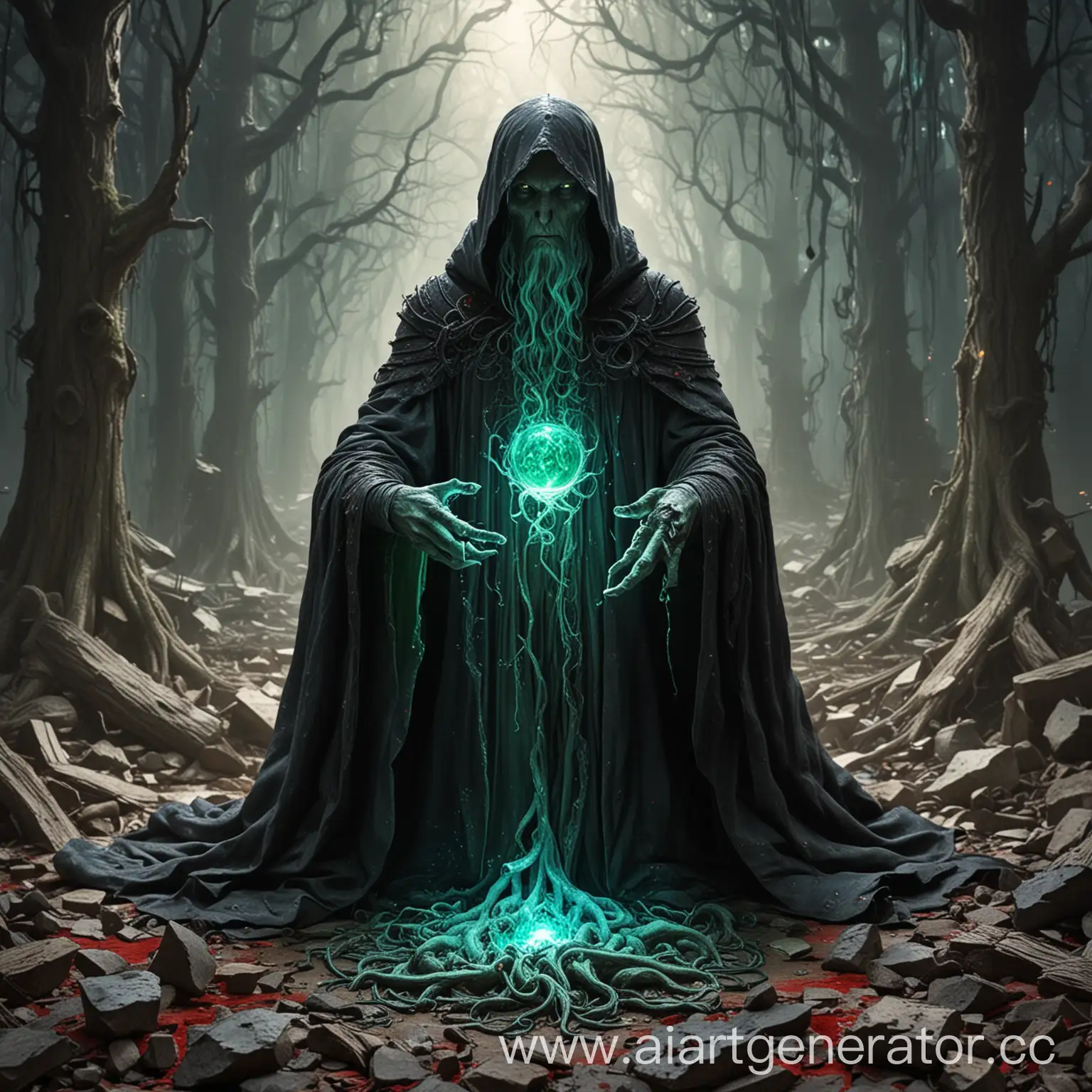 An eldritch being, a Lord among its kind. Massive, terrible, the end of all things made real. It sits on a thrown made of the old broken world that once stood in its way. It casually demonstrates an affinity for colorless magic by dominating the five colors of magic; White, Blue, Black, Red, and Green. 