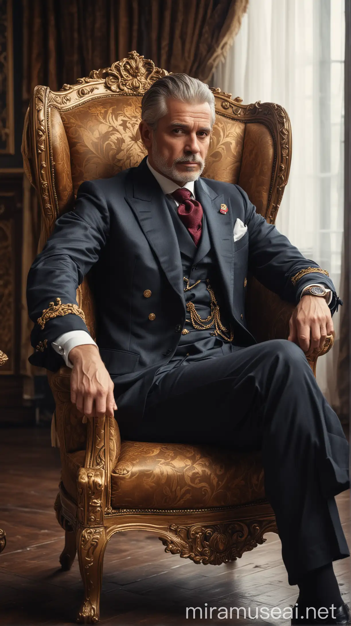 Distinguished Man Sitting on Royal Chair in Thoughtful Pose