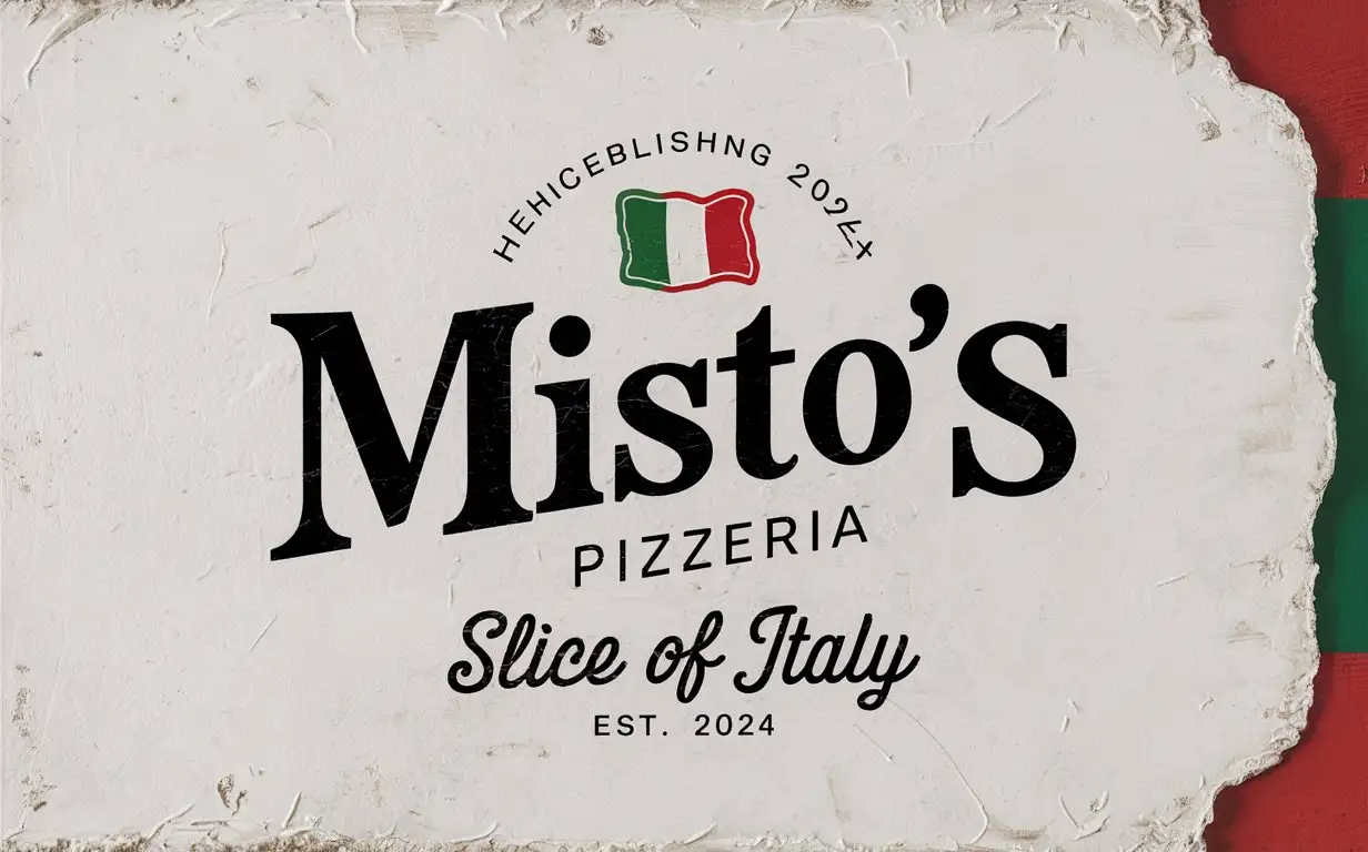 Misto's Pizzeria , Letter Mark , Minimal , Edge Decoration, Italian colors , Textured White Background , EST 2024 , Italy Flag , Vintage, Slogan, Slice of Italy, Italian City, Classic logo