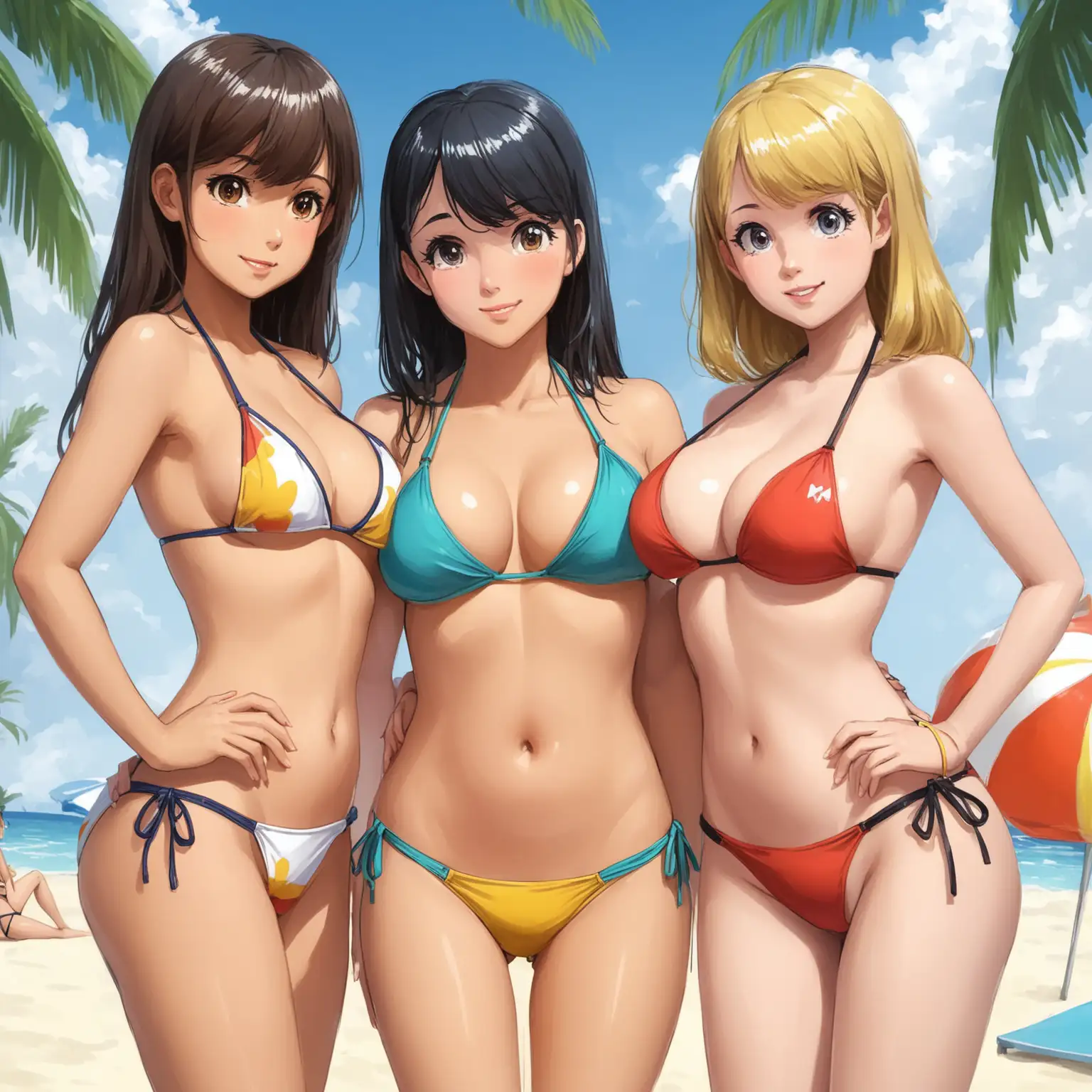 Beach-Scene-with-Bikini-Girls-Enjoying-Sunshine-and-Waves