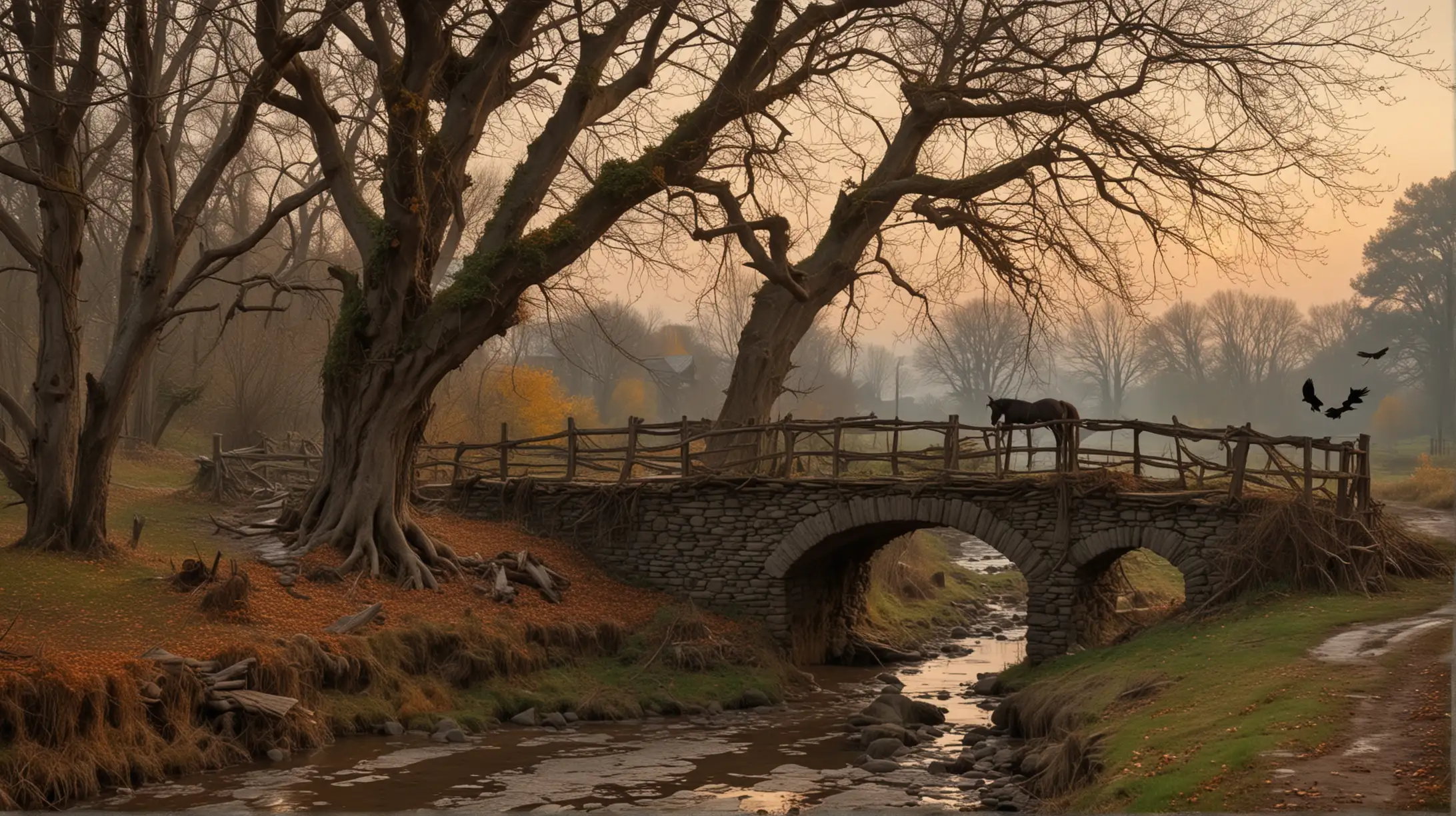 Tranquil Evening Scene Old Trees Cottage and Stream