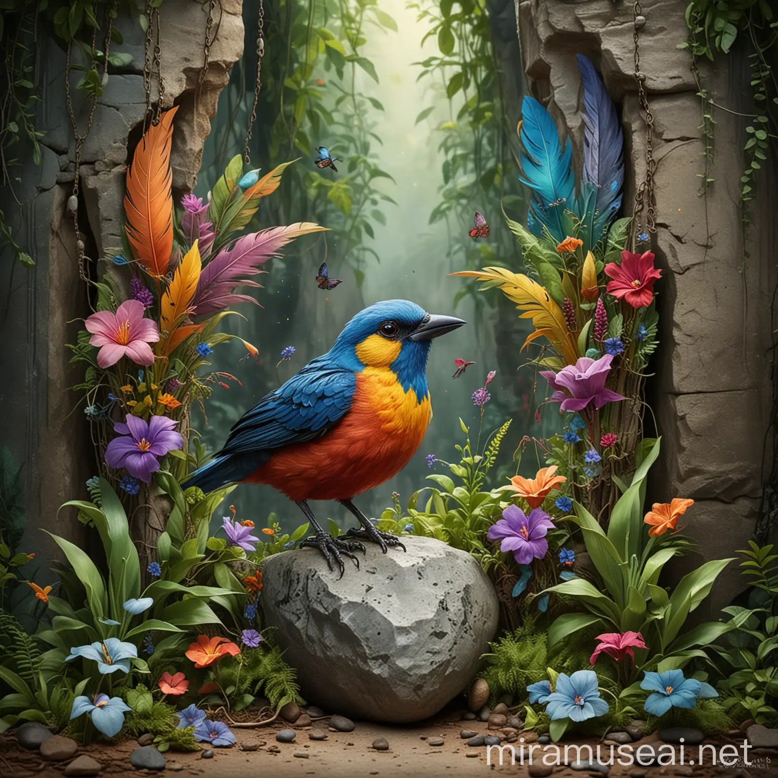 Colorful Bird Breaking Free from Addiction in Vibrant Jungle with Stone Flowers