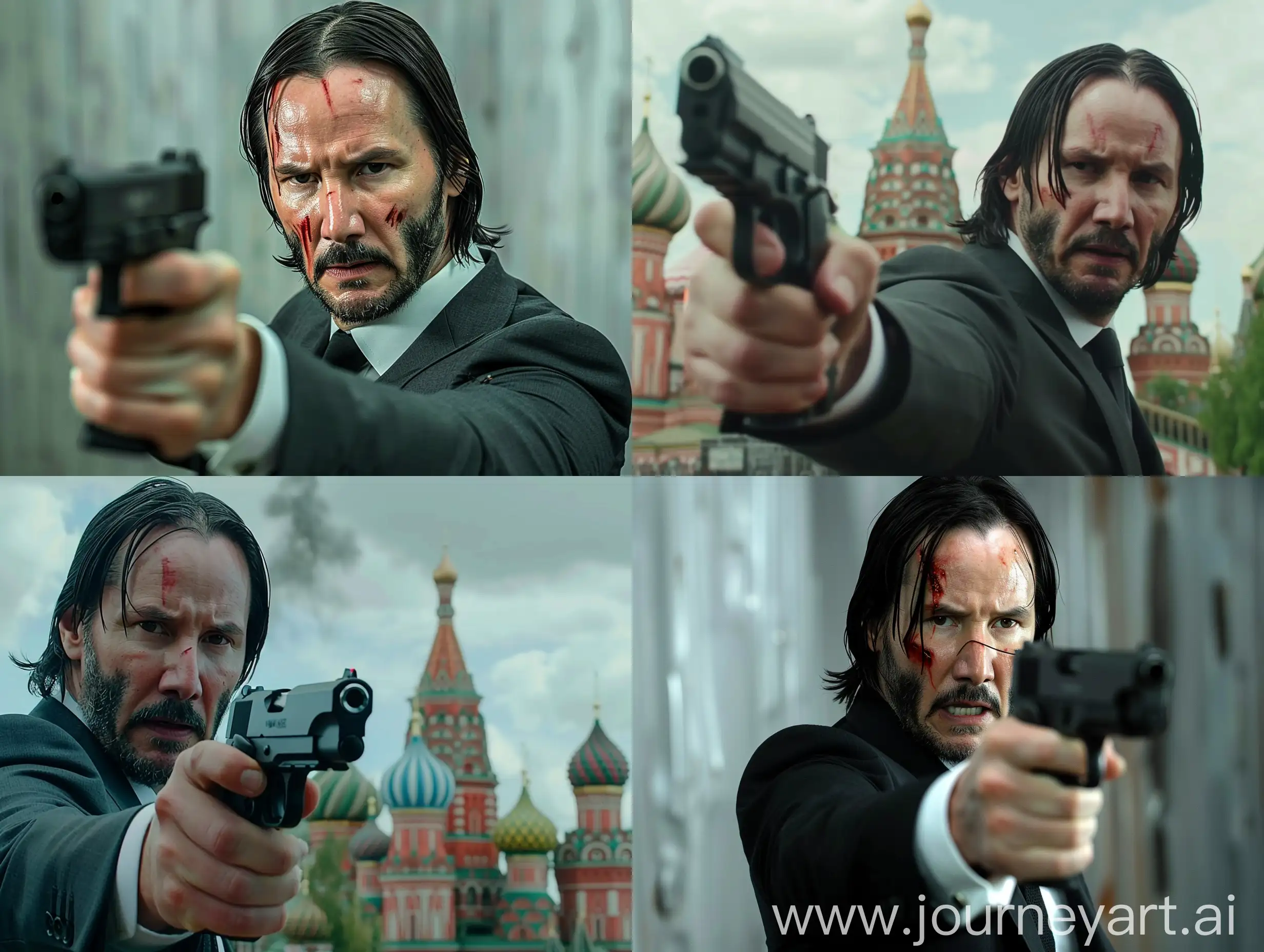 John Wick aims a gun at Vladimir Putin