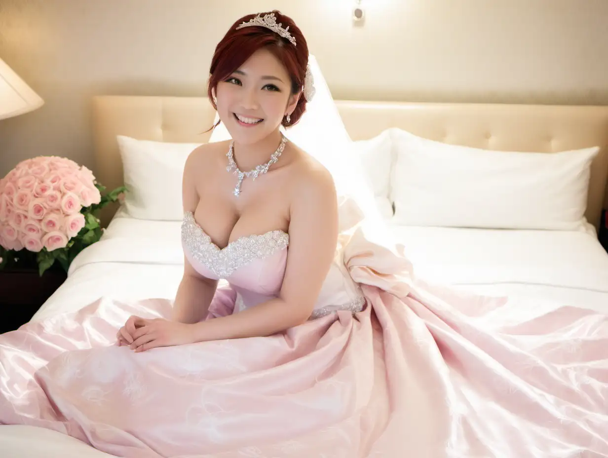 Female Model Star, Dress Wedding, Rose, Pastel LIiac, Smile, Big Boobs, Necklace Diamond,on the bed, Japan