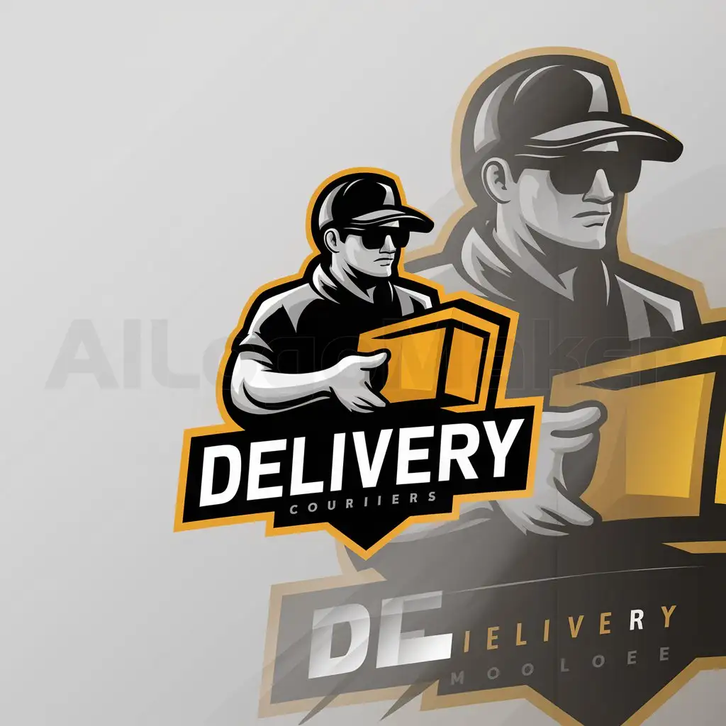a logo design,with the text "Delivery
", main symbol:Courier in baseball cap and sunglasses with a parcel black and yellow logo,Minimalistic,clear background