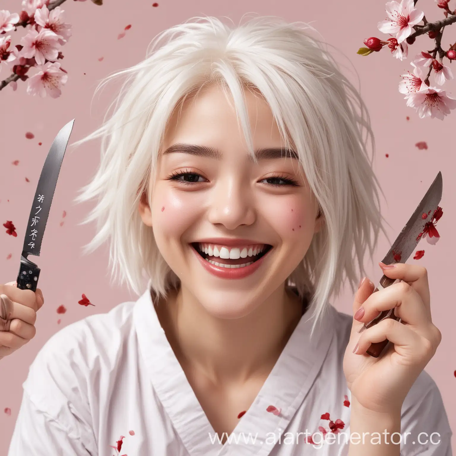 Laughing-Girl-with-White-Hair-Surrounded-by-Sakura-Blossoms-and-Donation-Knife