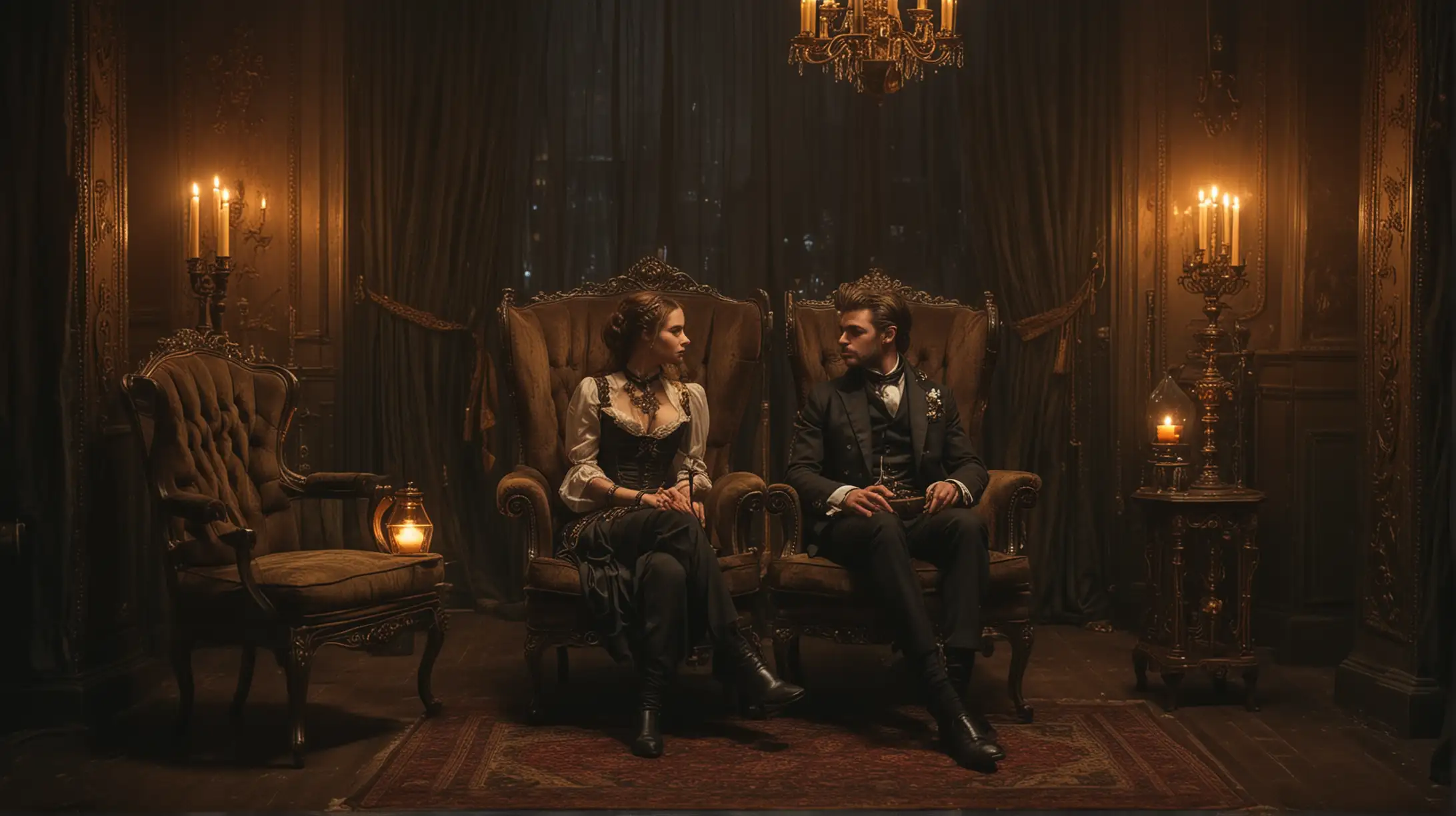 steampunk man and woman sit in richly decorated armchairs in their living room, it is dark, the room is illuminated by a candle