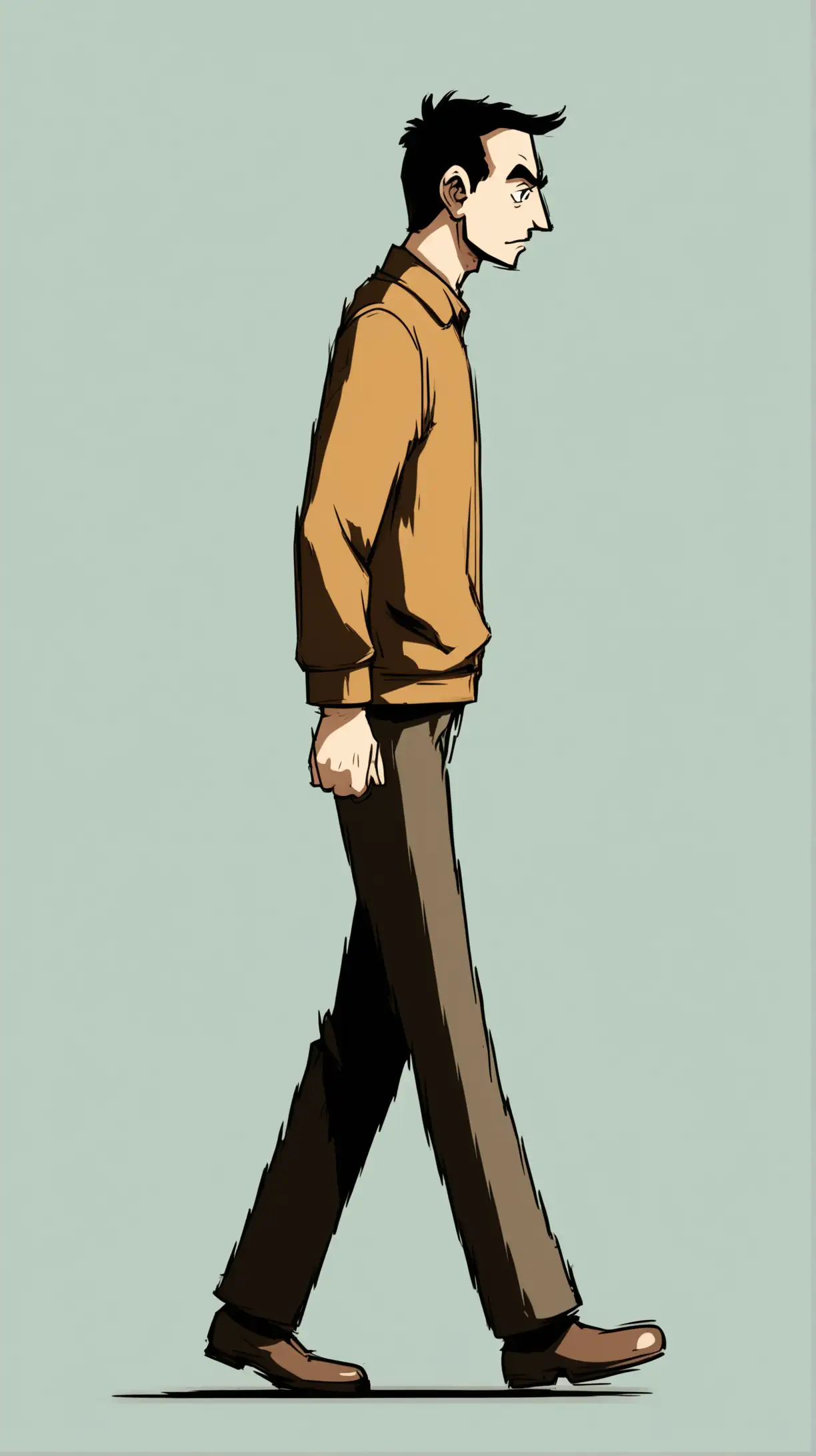 
Cartoony, color, full body. From the side a man walking with no expression.  Simple background
