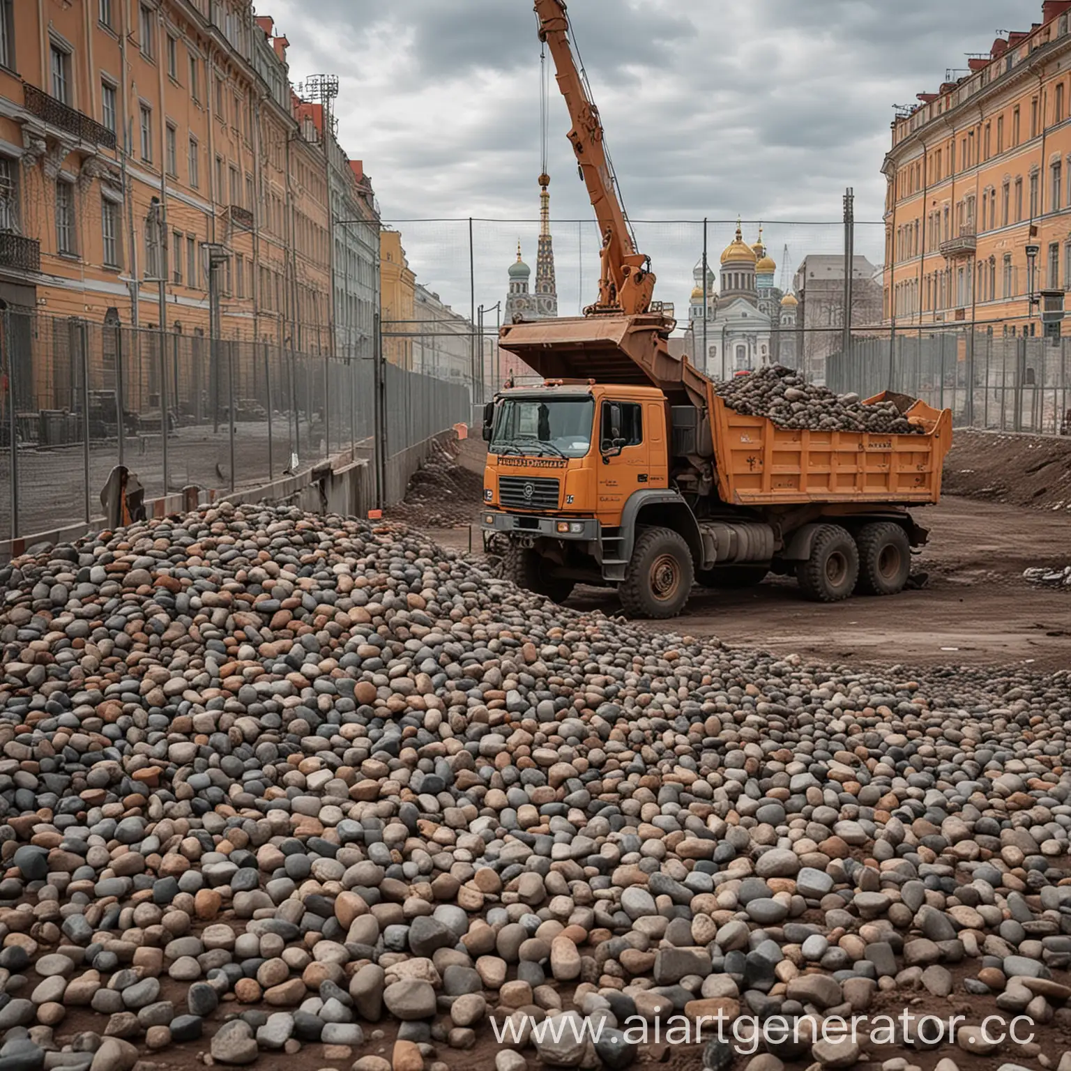 Строится известный памятник в городе Санкт-Петербурге вокруг стройки стоит забор а на стройку въезжает самосвал который везёт кучу маленьких камней