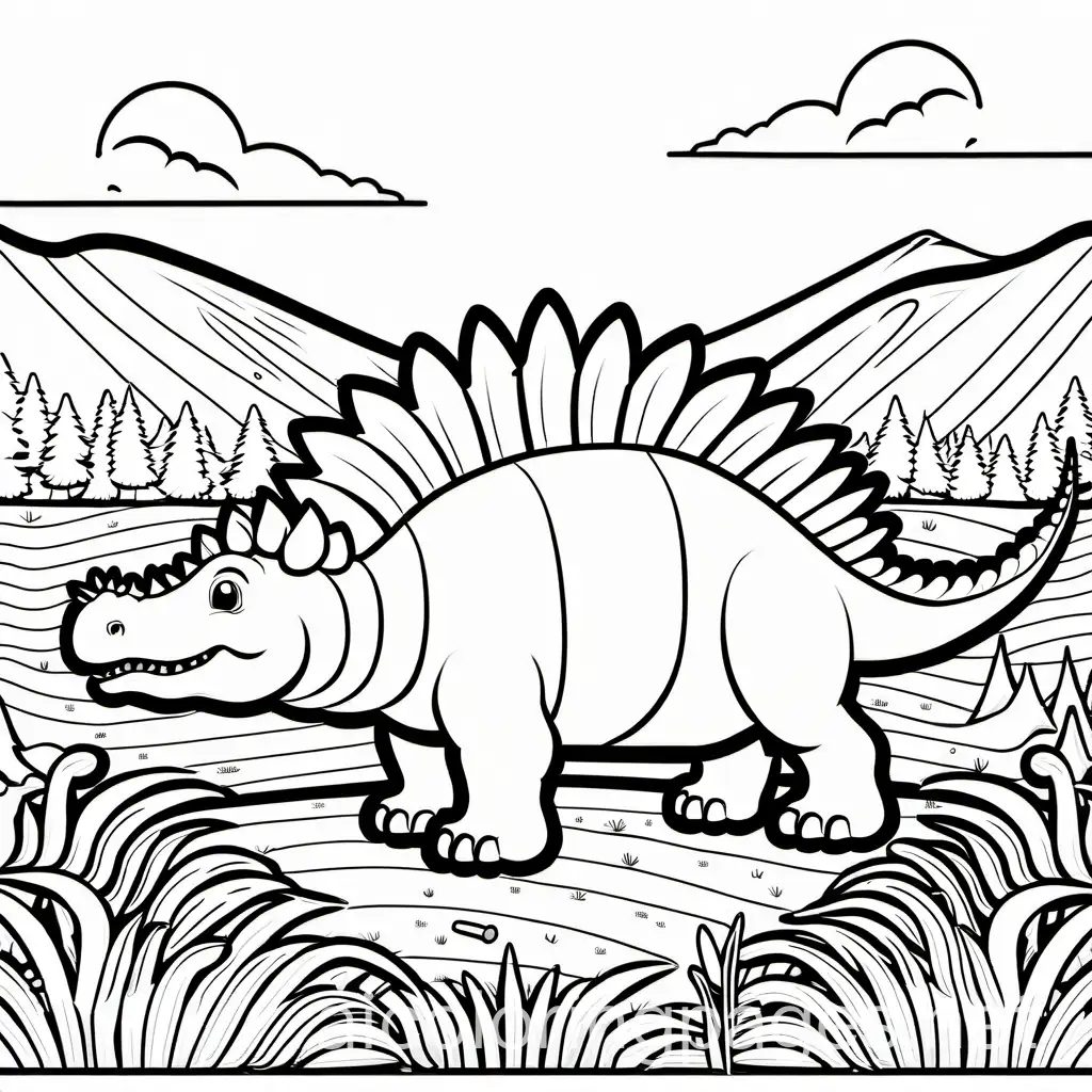 stegosaurus in the field for kids coloring book , Coloring Page, black and white, line art, white background, Simplicity, Ample White Space. The background of the coloring page is plain white to make it easy for young children to color within the lines. The outlines of all the subjects are easy to distinguish, making it simple for kids to color without too much difficulty