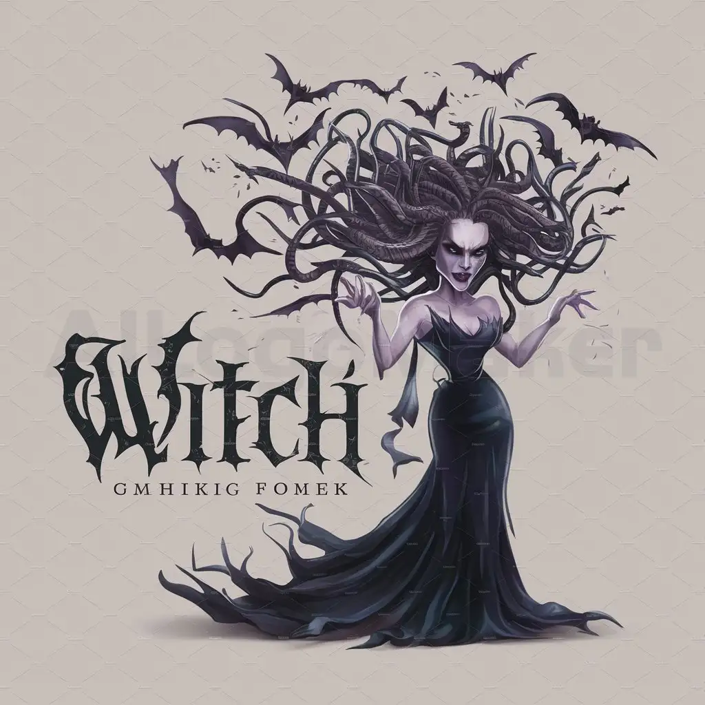 a logo design,with the text "witch", main symbol:She stands, surrounded by a swarm of dark bats, which flutter around her, like faithful servants. Her appearance is enchanting and frightening at the same time - pale skin, deep dark eyes, with flickers of otherworldly power. Her hair, like living snakes, weaves and trembles in the wind, creating a magical aura around her head. She is dressed in a long black dress, which flows and sways, as if obeying her will. Her movements are smooth and graceful, but there is hidden strength and power in them. She looks at the world with arrogance and contempt, as if everything around her is subject to her. Her presence fills the air with a sense of mystery and danger, as if she could unleash her otherworldly powers on those around her at any moment.,Moderate,clear background